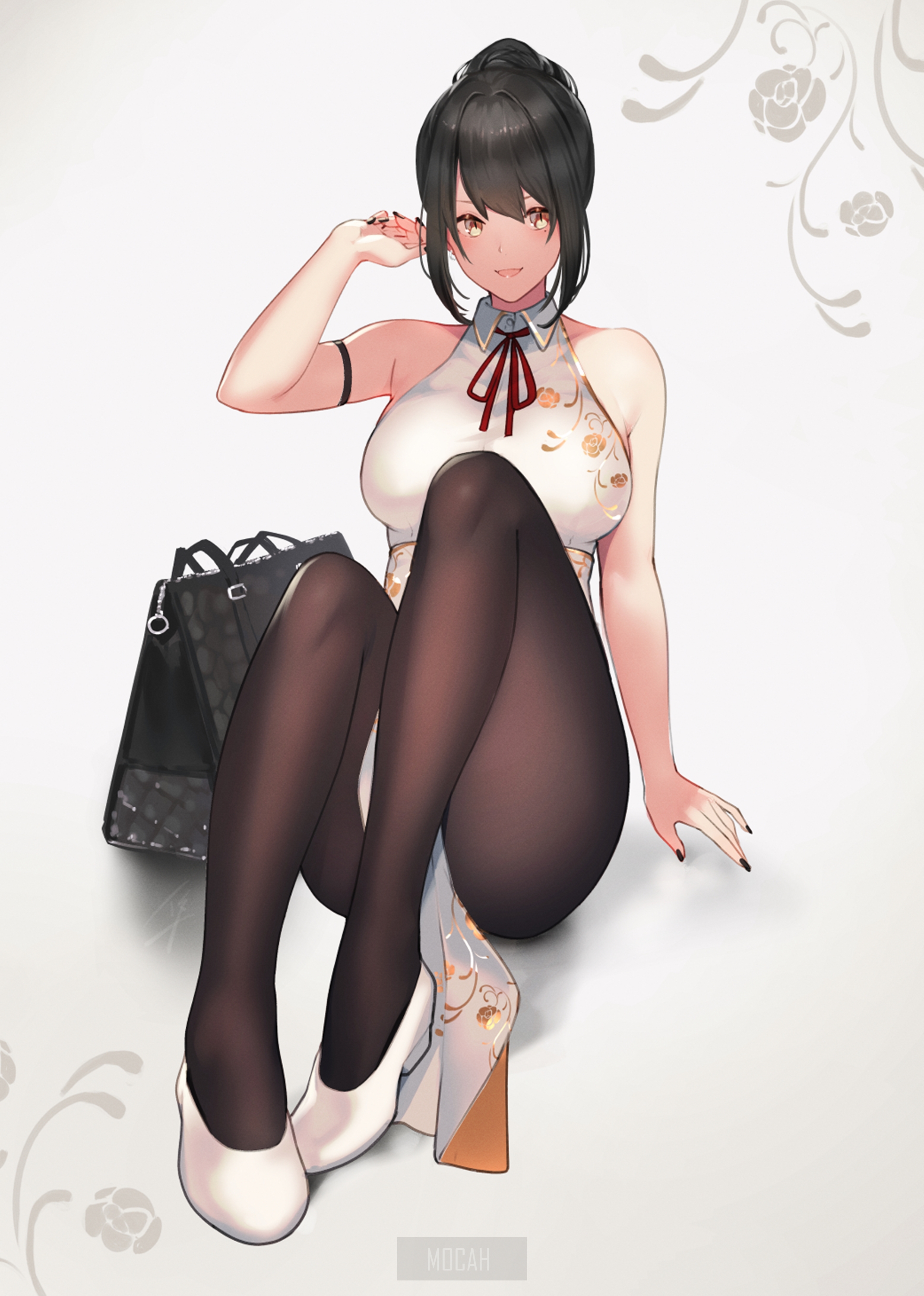 Anime girl in a white dress and black tights HD Phone Wallpaper