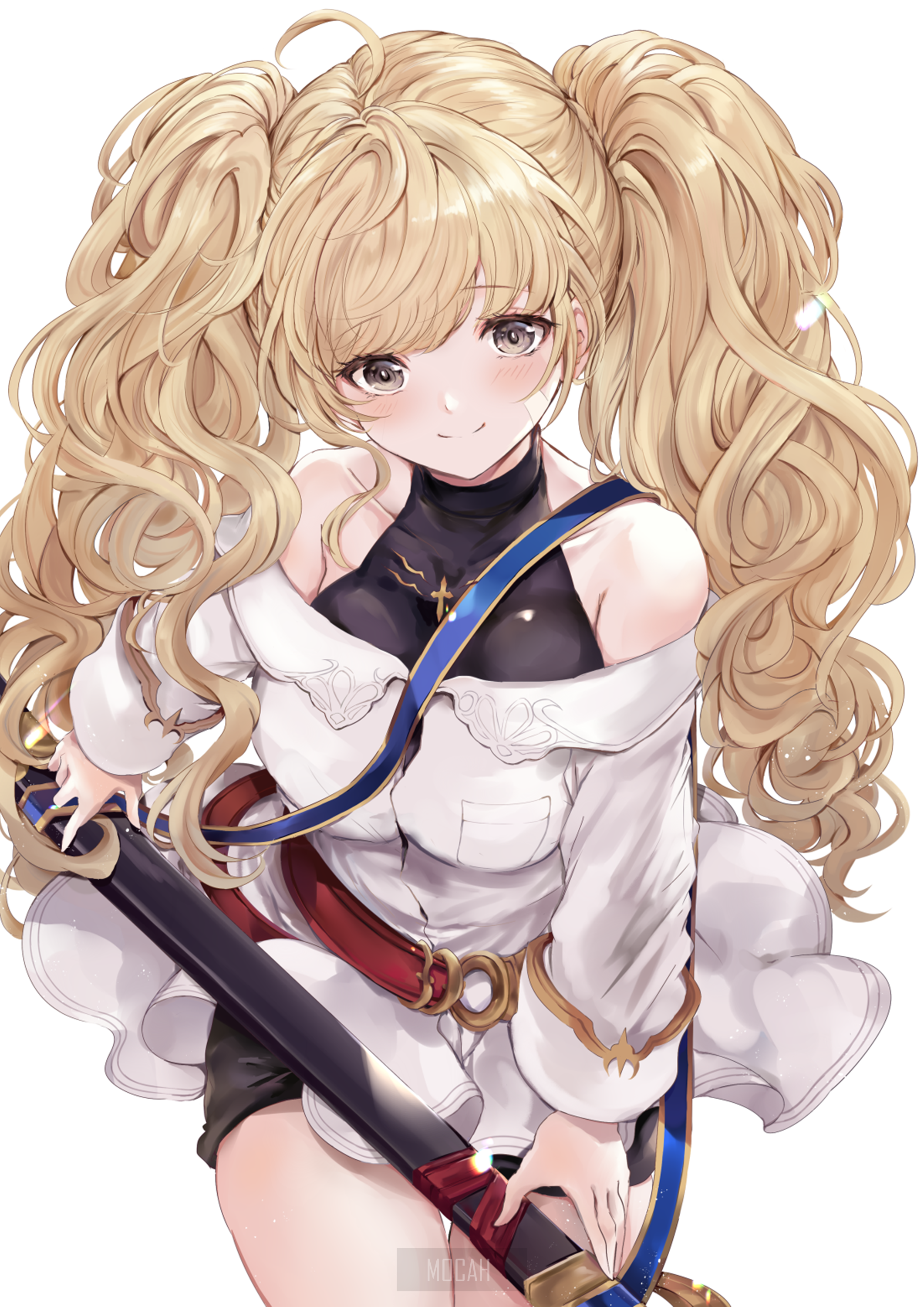 Anime girl with blonde pigtails holding a sword HD Phone Wallpaper