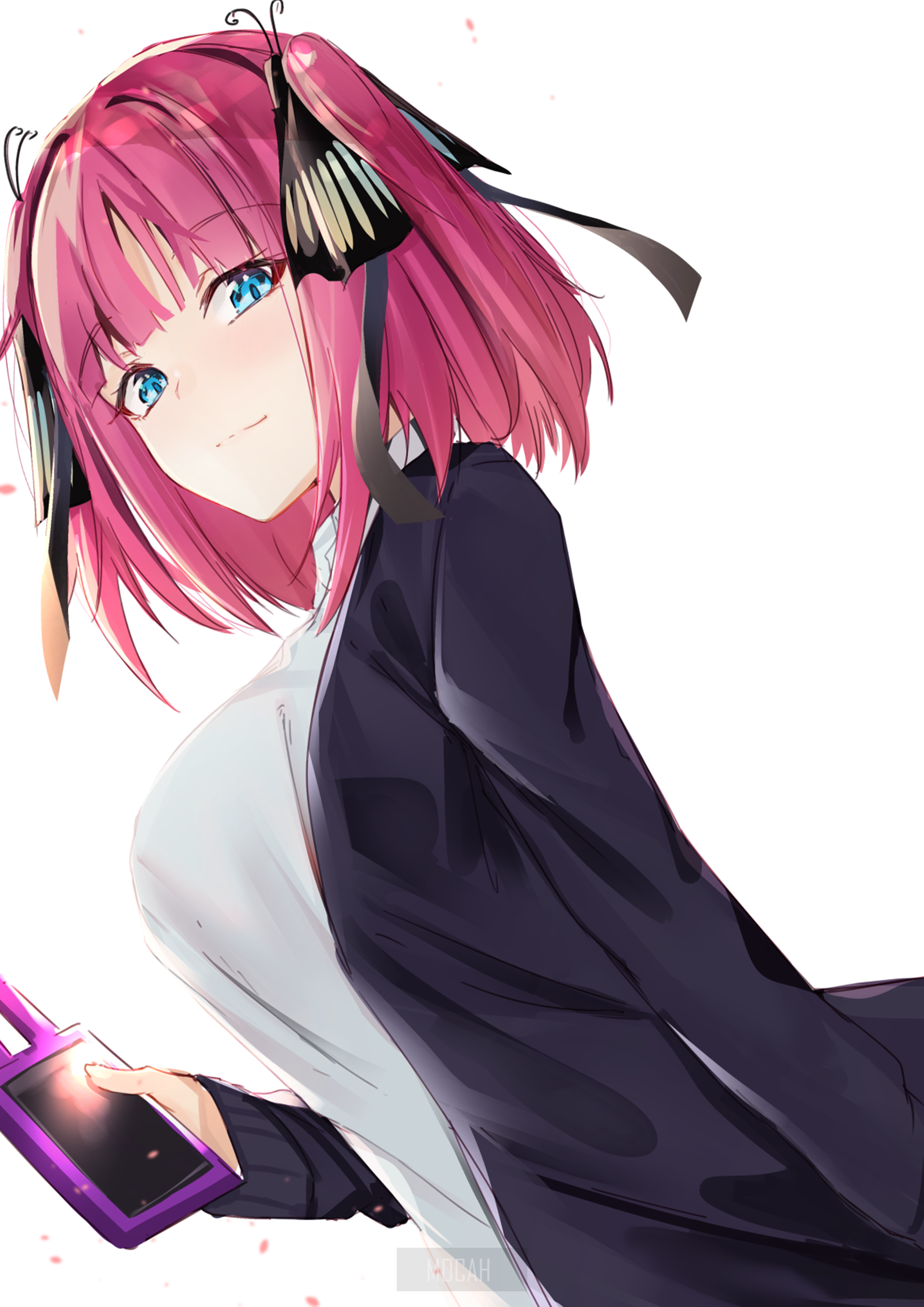 Anime girl with pink hair holding a phone HD Phone Wallpaper