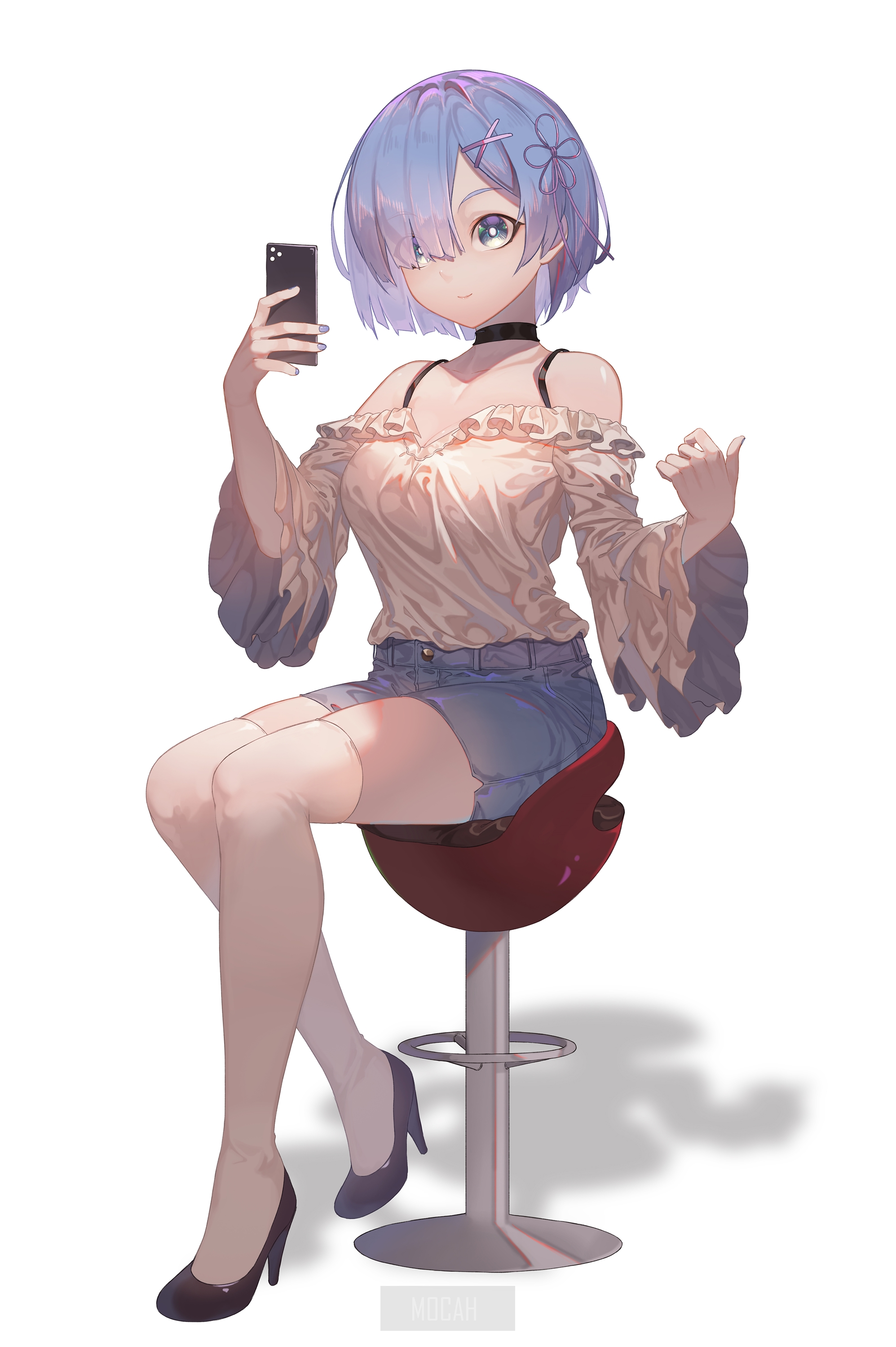 Rem from Re:Zero holding a smartphone HD Phone Wallpaper