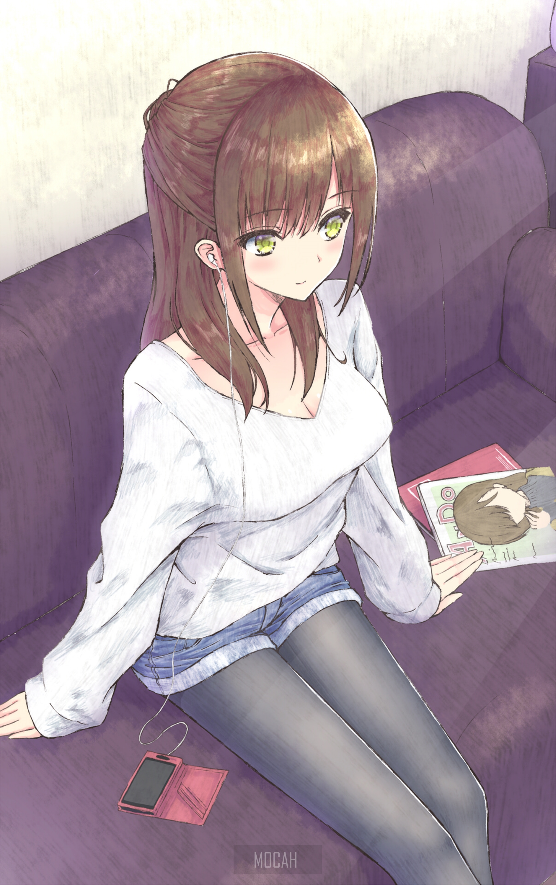 Anime girl with headphones and phone on couch HD Phone Wallpaper