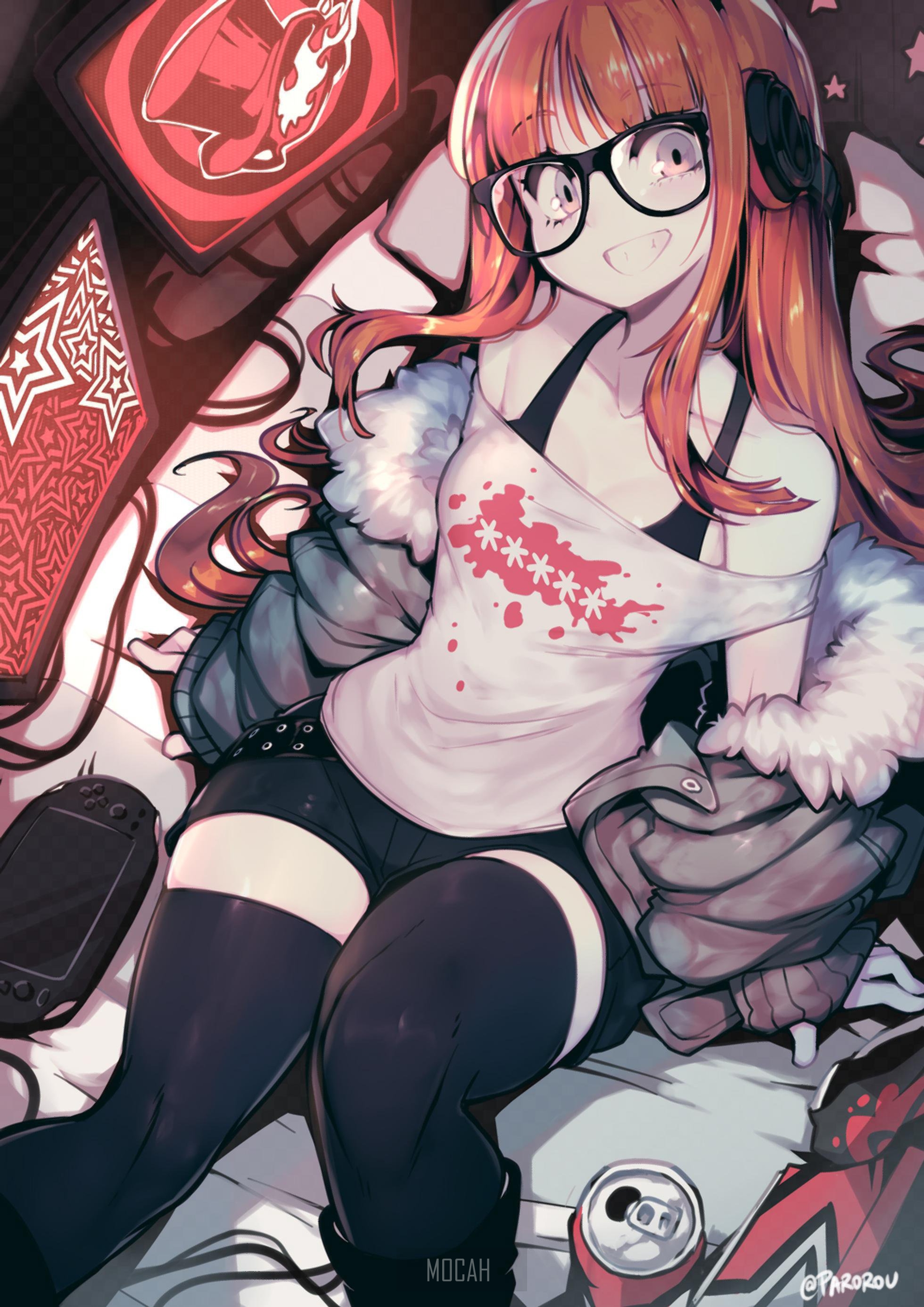 Stylish Redhead Anime Girl with Glasses and Socks HD Phone Wallpaper