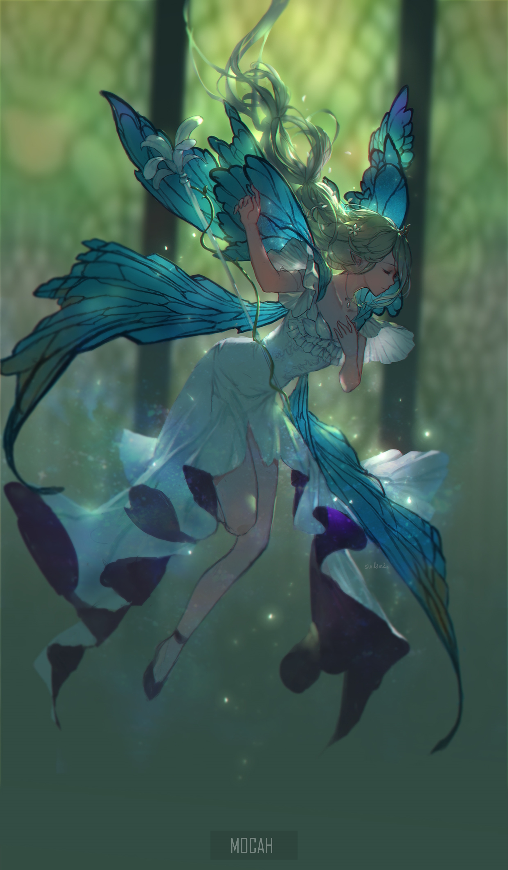 Anime girl with butterfly wings in a forest HD Phone Wallpaper