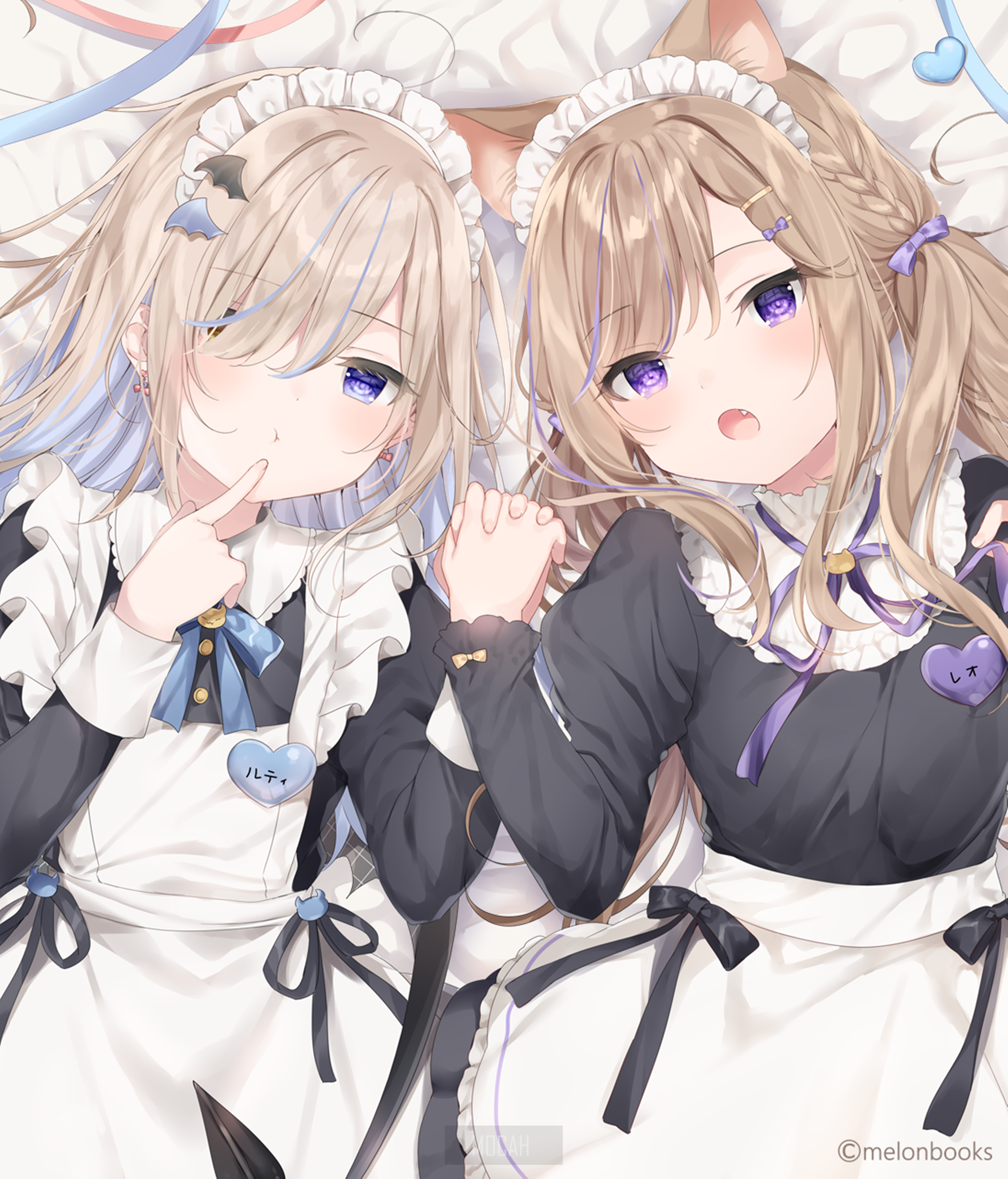 Two anime girls in maid outfits lying down HD Phone Wallpaper