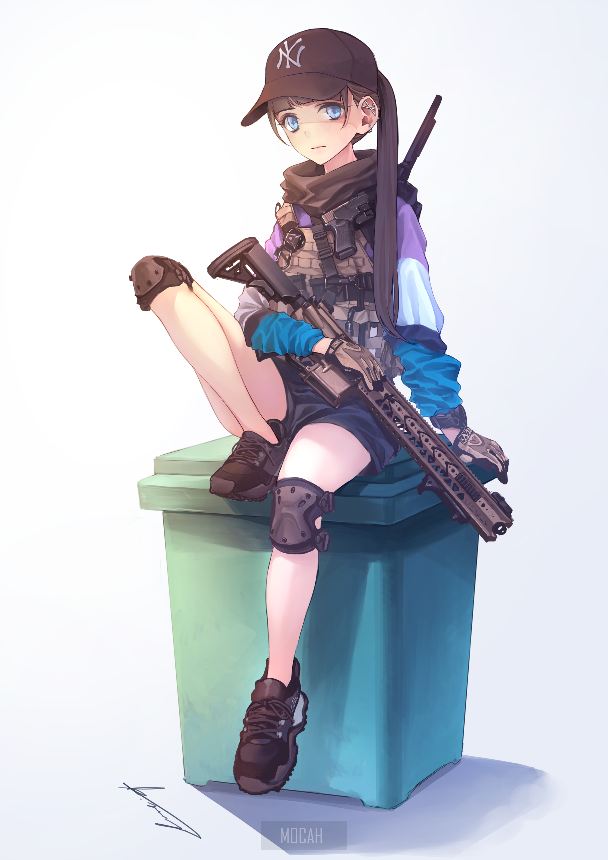 Anime girl with rifle sitting on trash can HD Phone Wallpaper