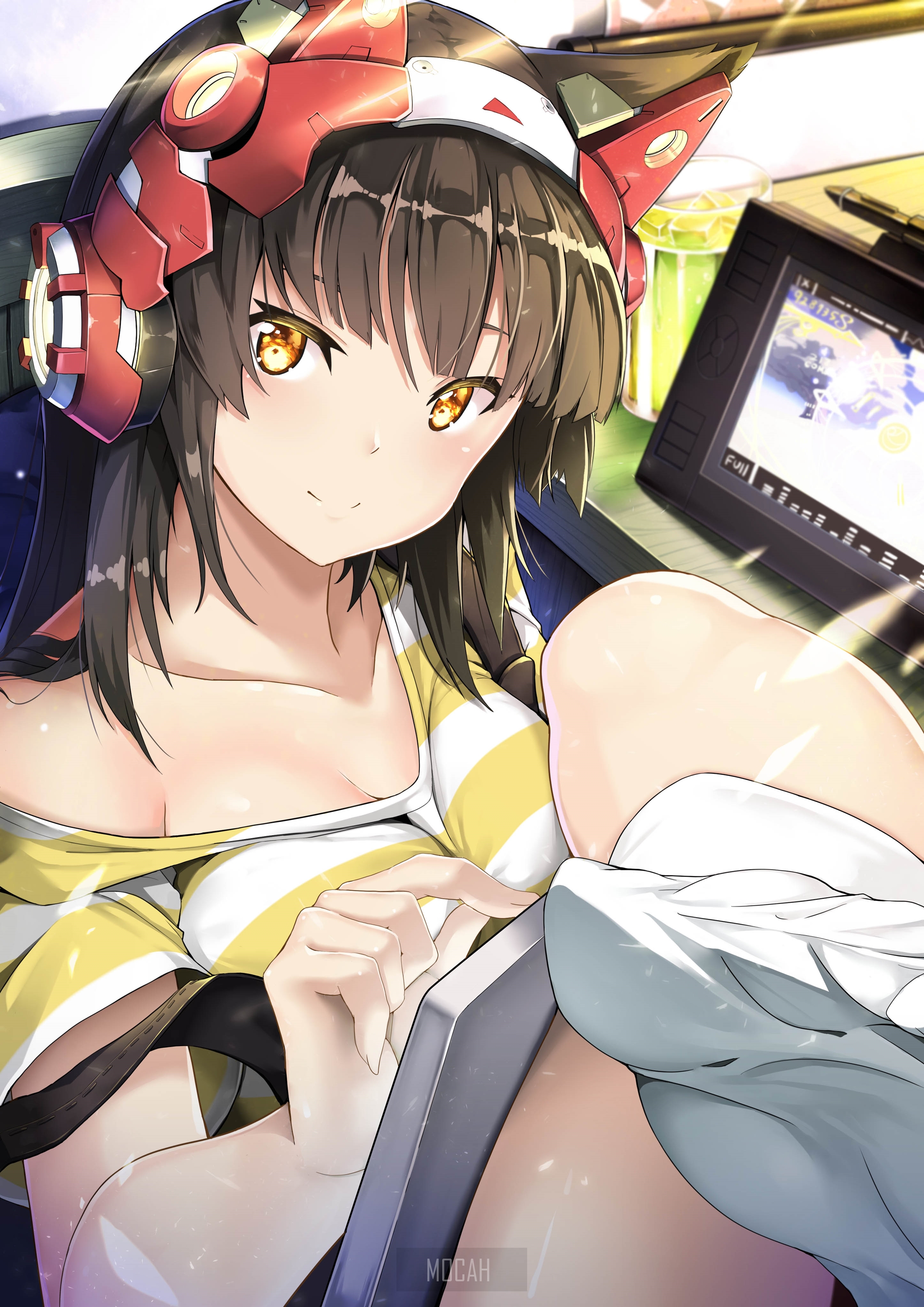 Anime girl with headphones and tablet HD Phone Wallpaper
