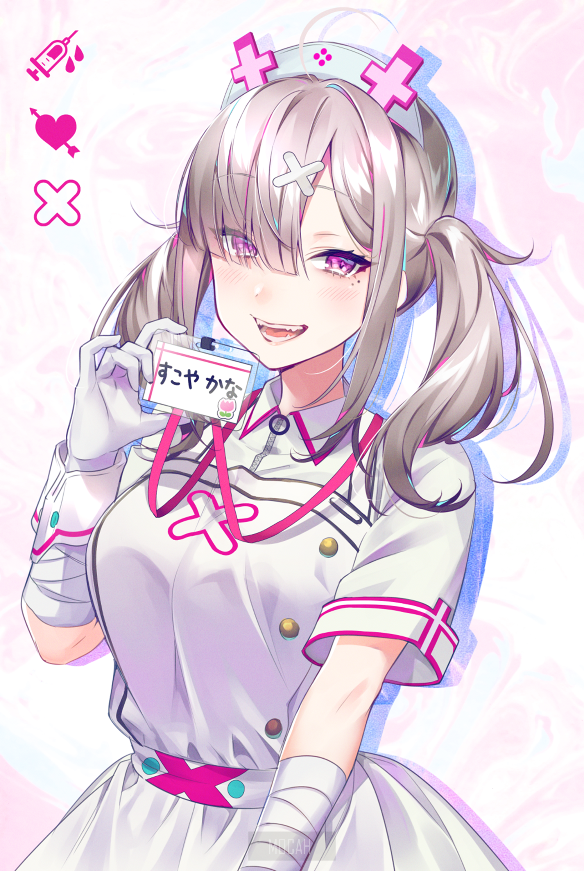 Anime nurse girl with syringe and heart icons HD Phone Wallpaper