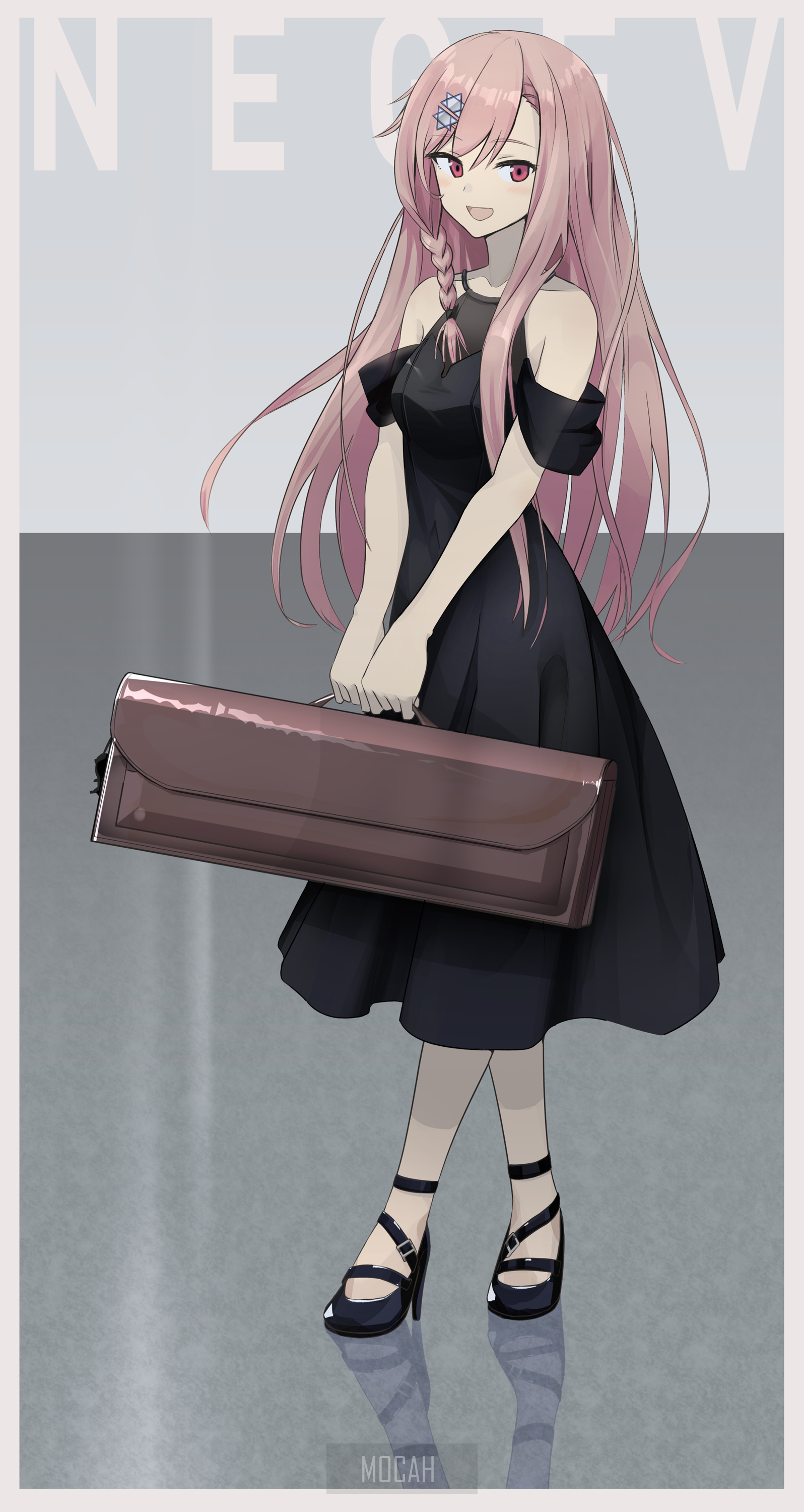 Anime girl with pink hair holding a briefcase HD Phone Wallpaper