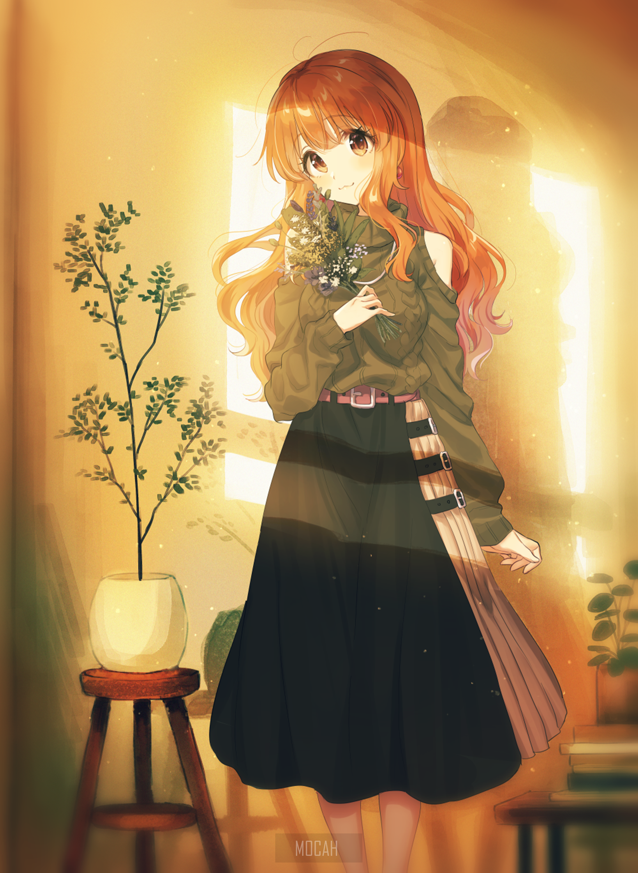 Anime girl with orange hair holding flowers HD Phone Wallpaper