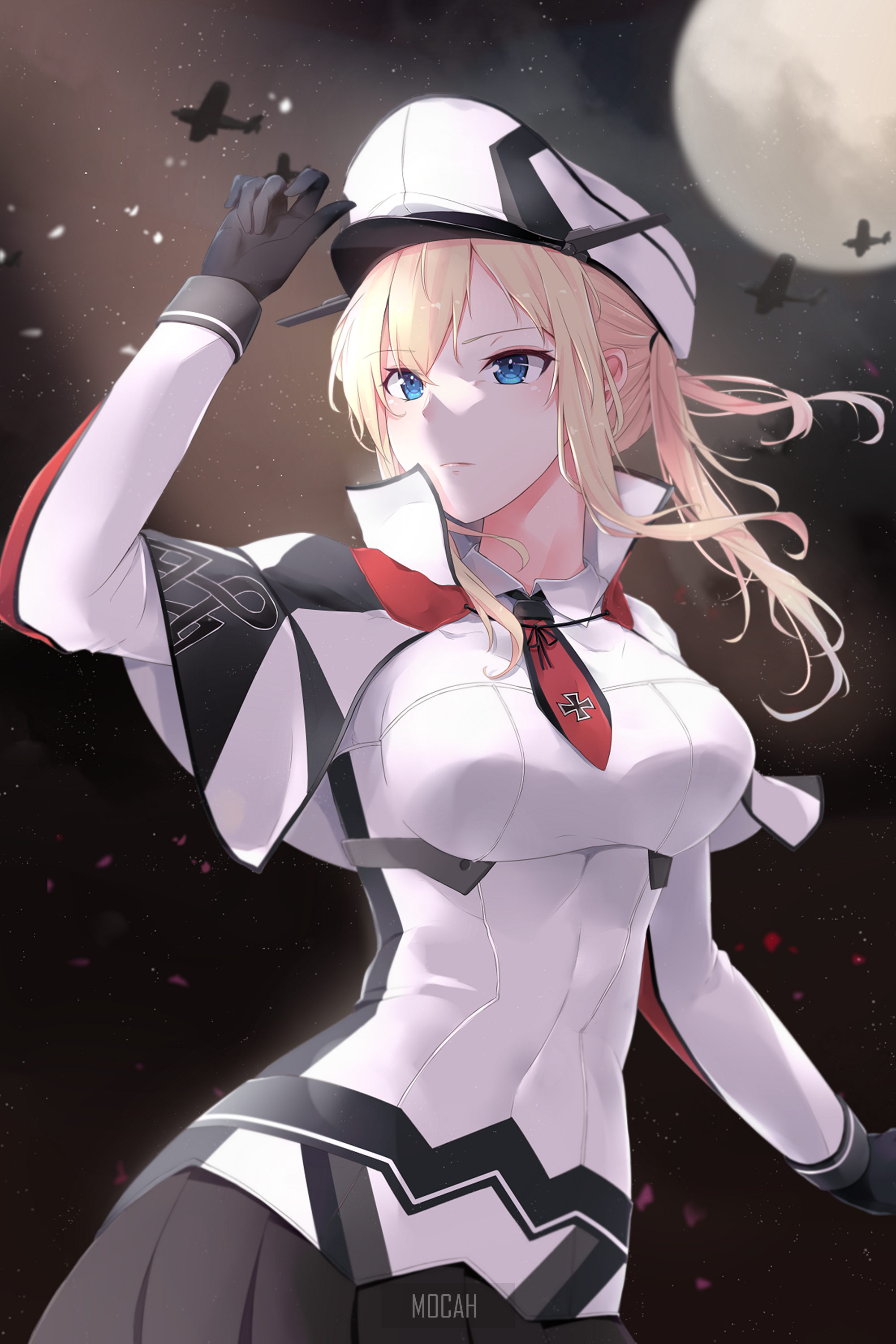 Anime girl in military uniform with planes in background HD Phone Wallpaper