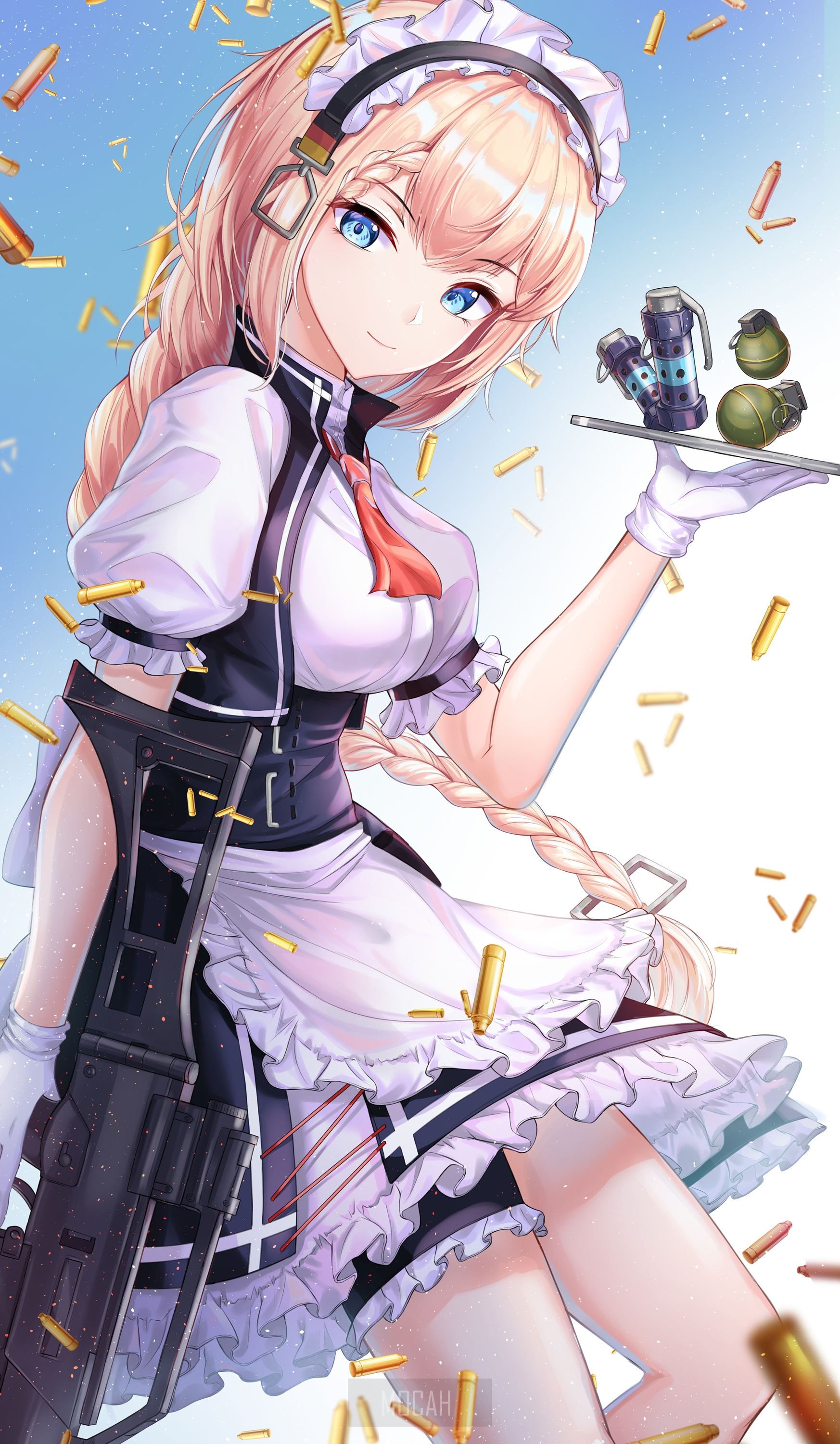 Anime girl in maid outfit holding grenades from Girls Frontline HD Phone Wallpaper
