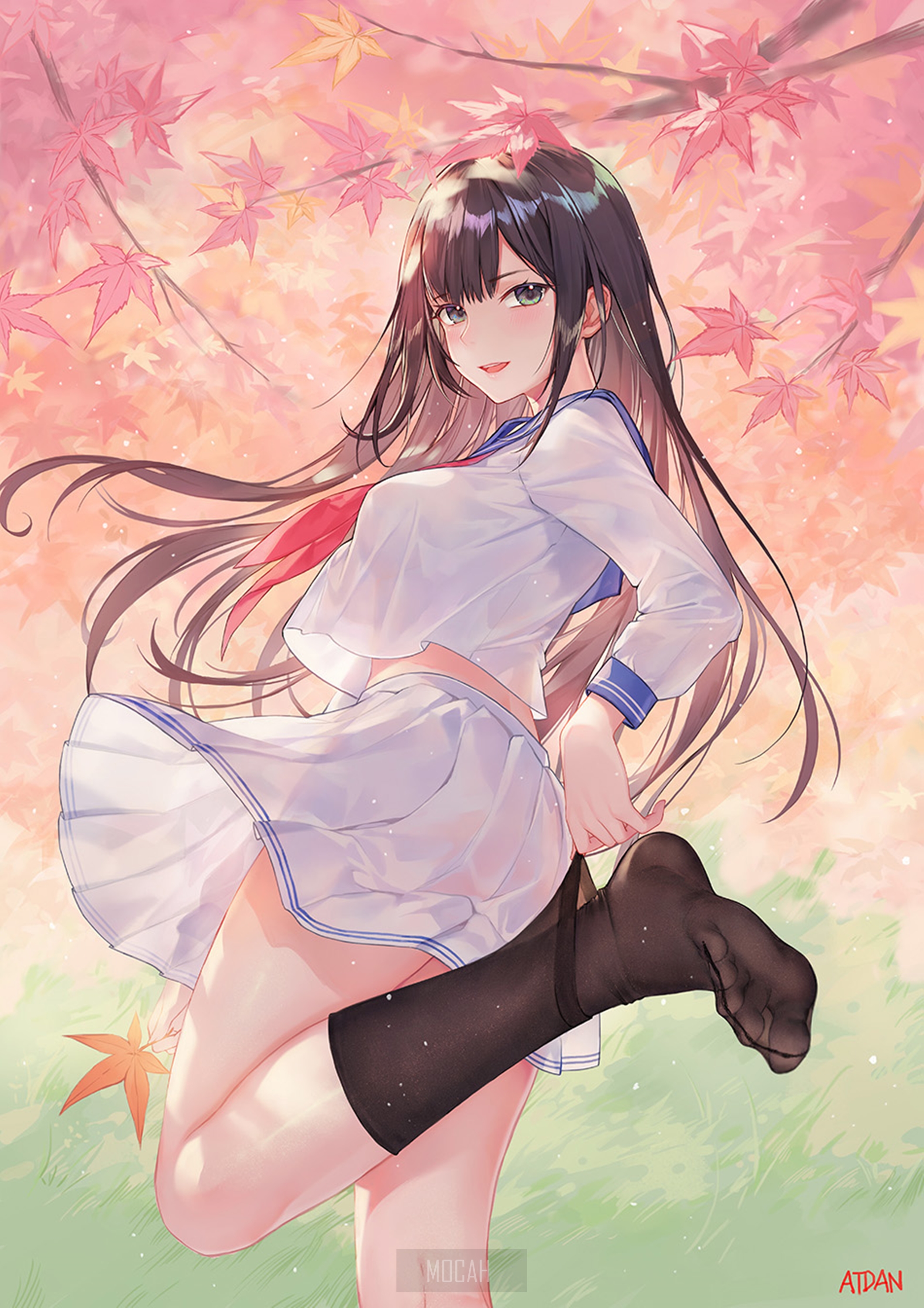 Anime girl in school uniform adjusting stocking HD Phone Wallpaper