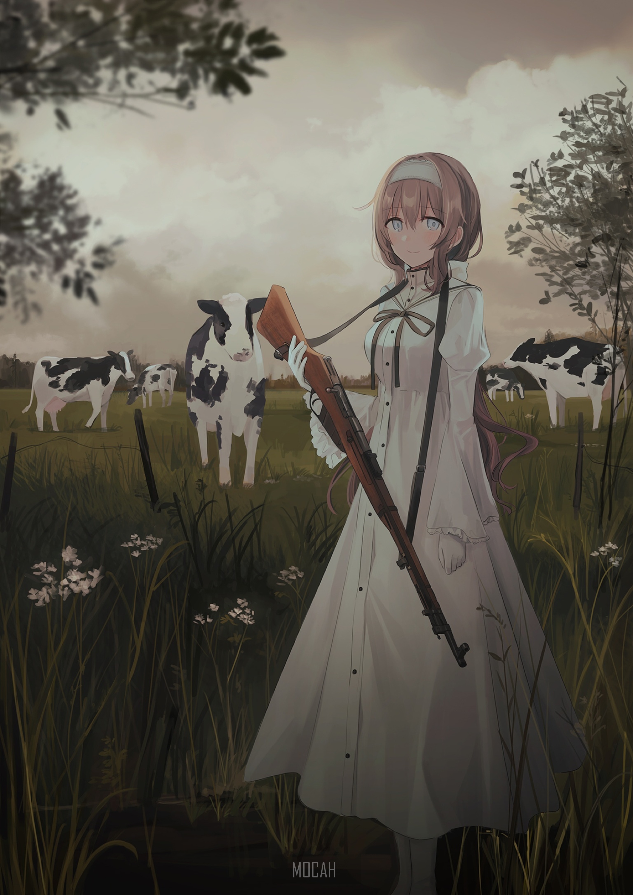 Anime girl with Mosin-Nagant rifle and cows HD Phone Wallpaper