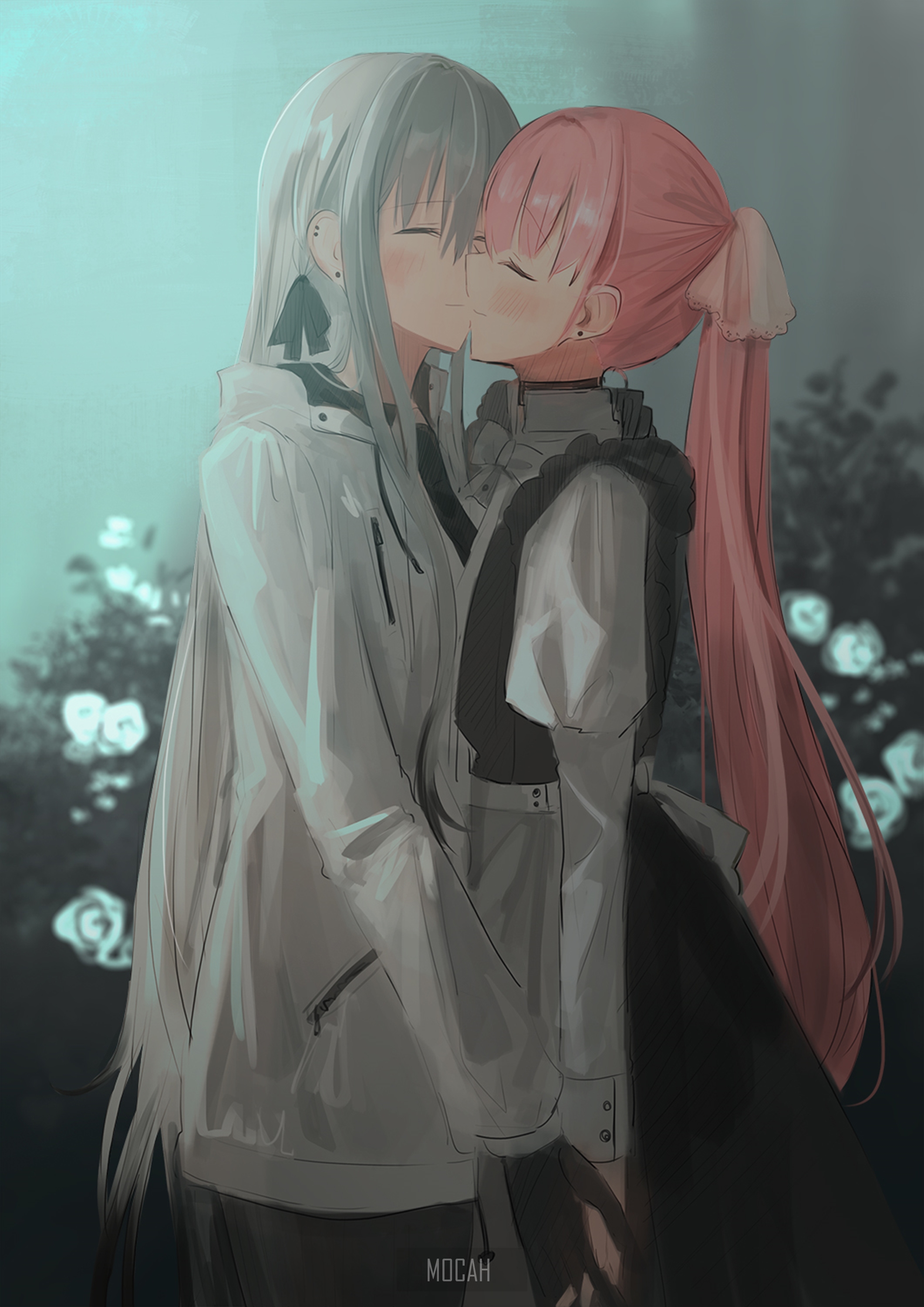 Anime girls with pink and white hair kissing HD Phone Wallpaper