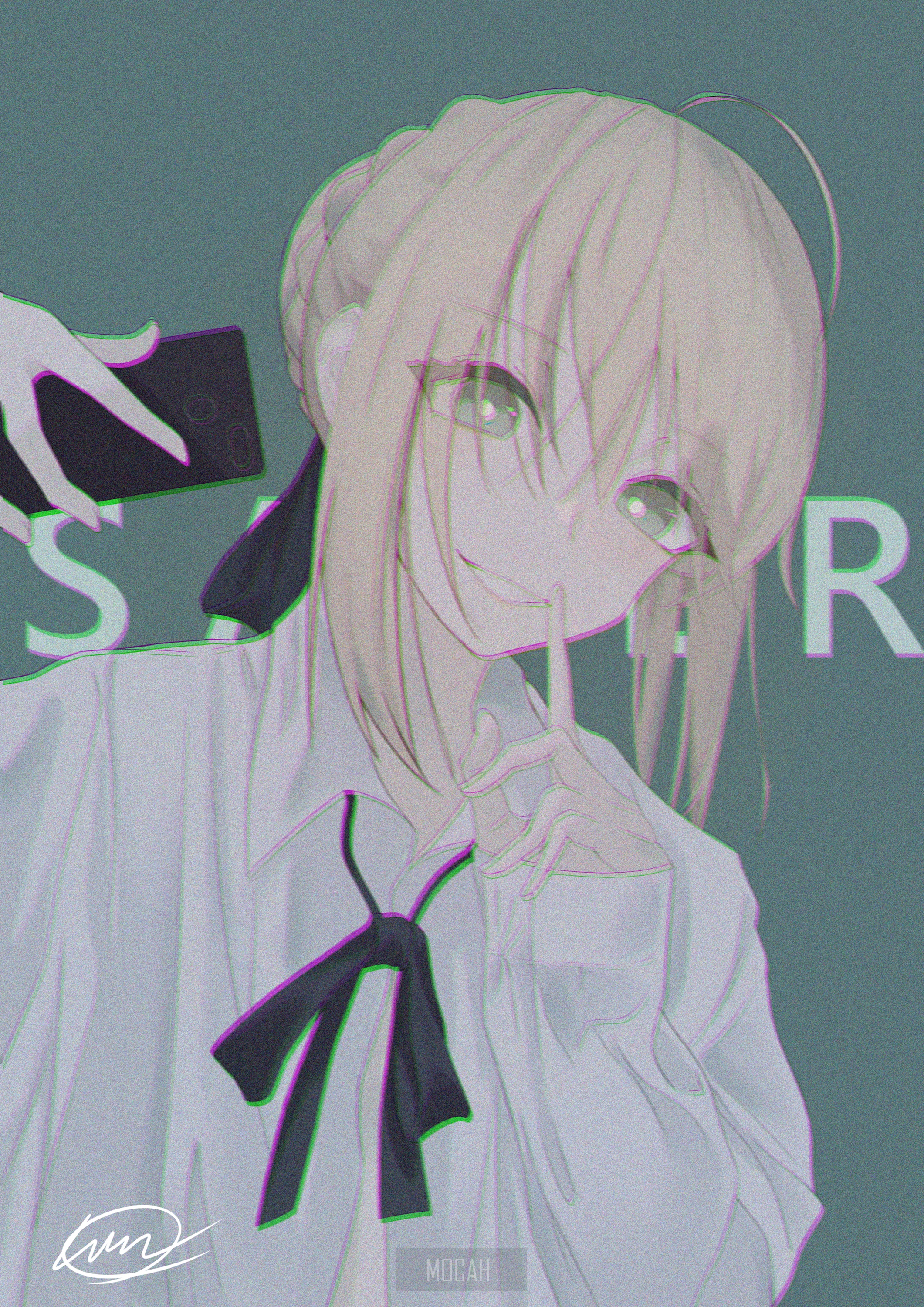 Saber from Fate/Stay Night holding a smartphone HD Phone Wallpaper