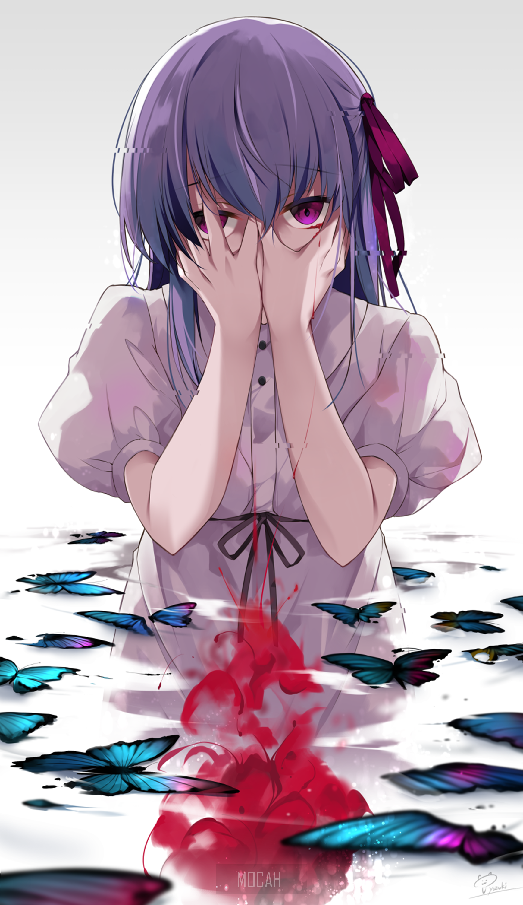 Matou Sakura from Fate/Stay Night with Butterflies HD Phone Wallpaper