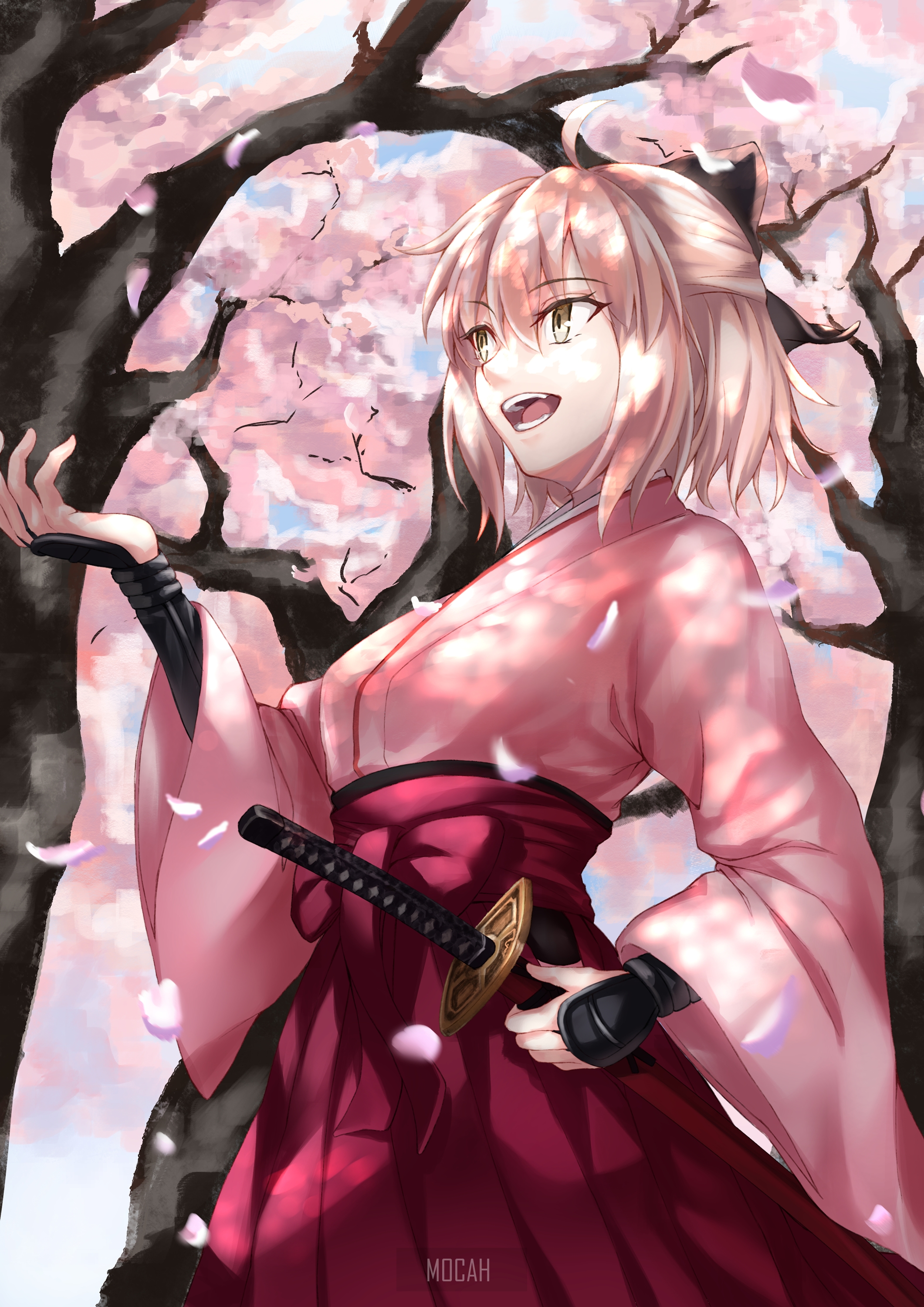 Okita Souji from Fate Series with cherry blossoms HD Phone Wallpaper