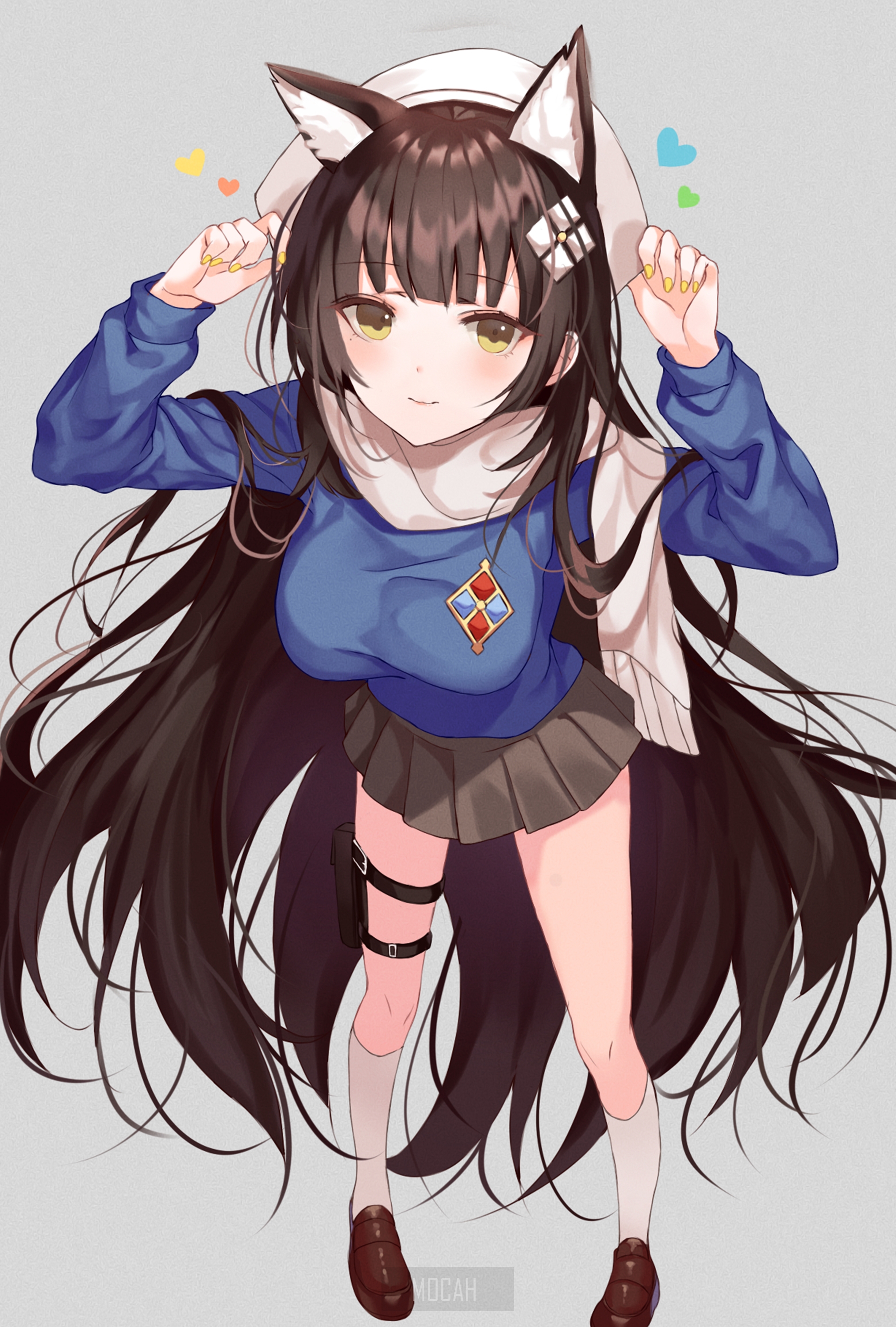 Anime girl with cat ears and long brown hair HD Phone Wallpaper