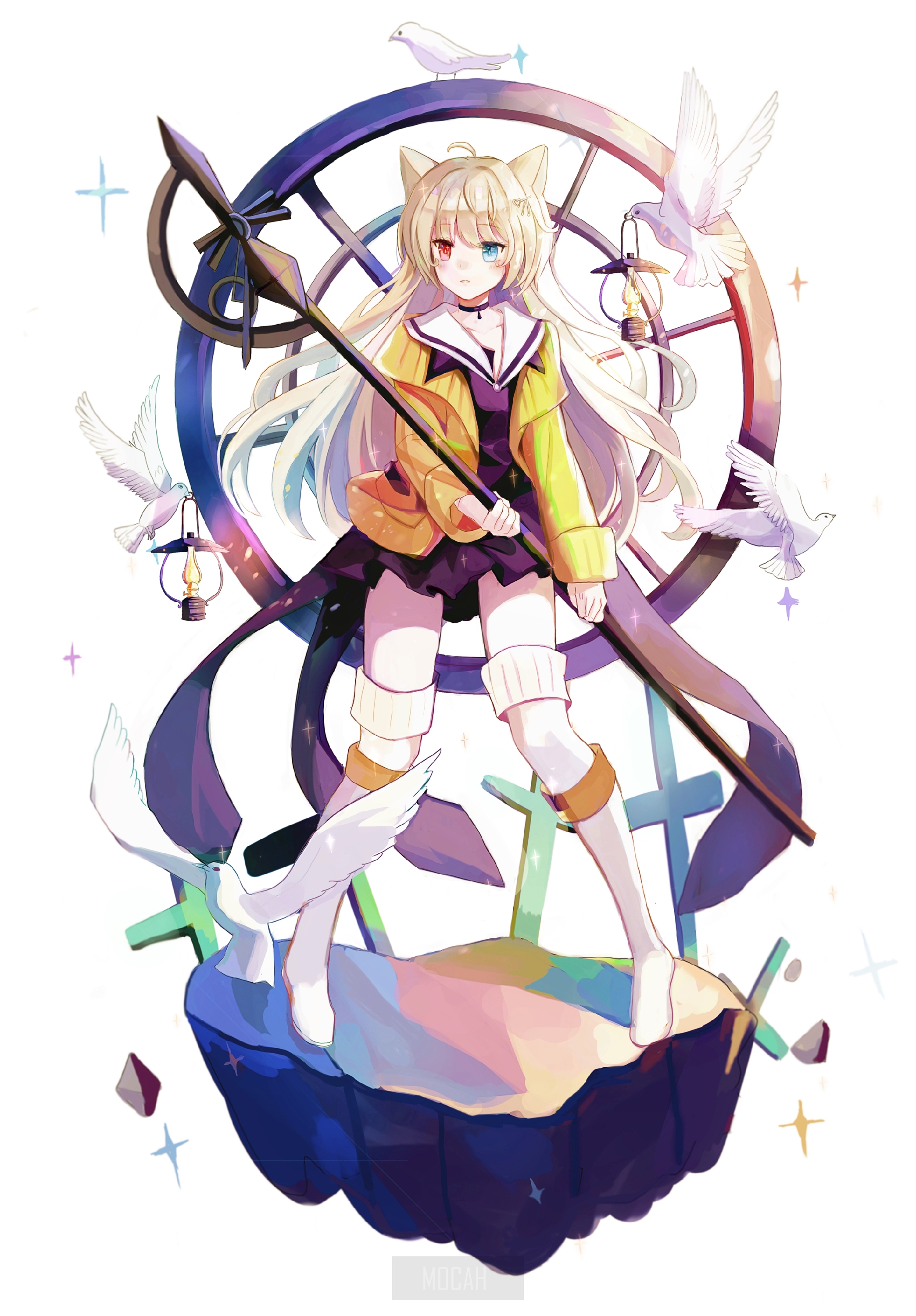 Anime girl with staff and doves HD Phone Wallpaper