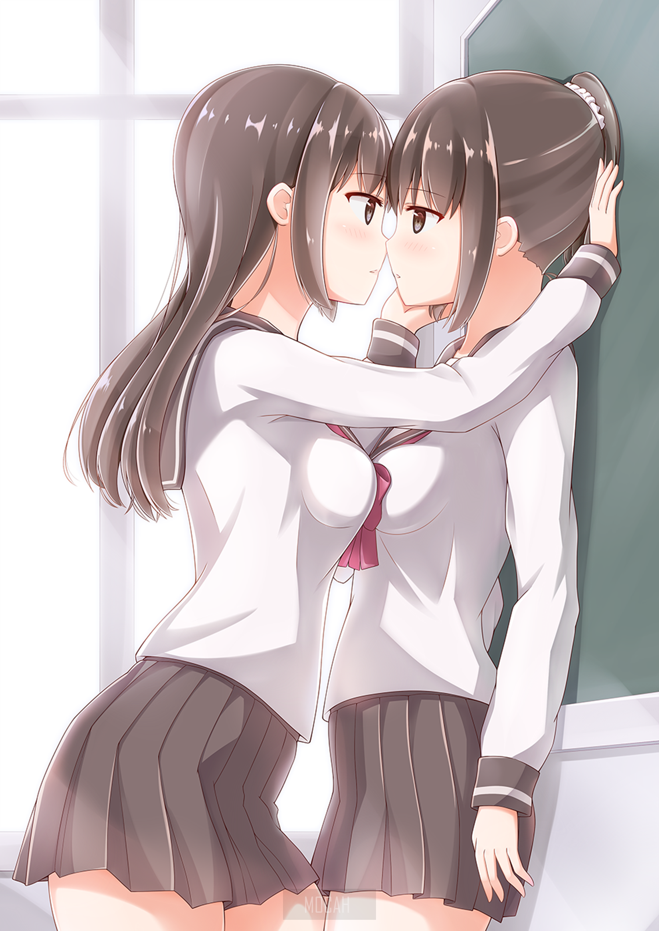 Two anime girls in school uniforms embracing HD Phone Wallpaper