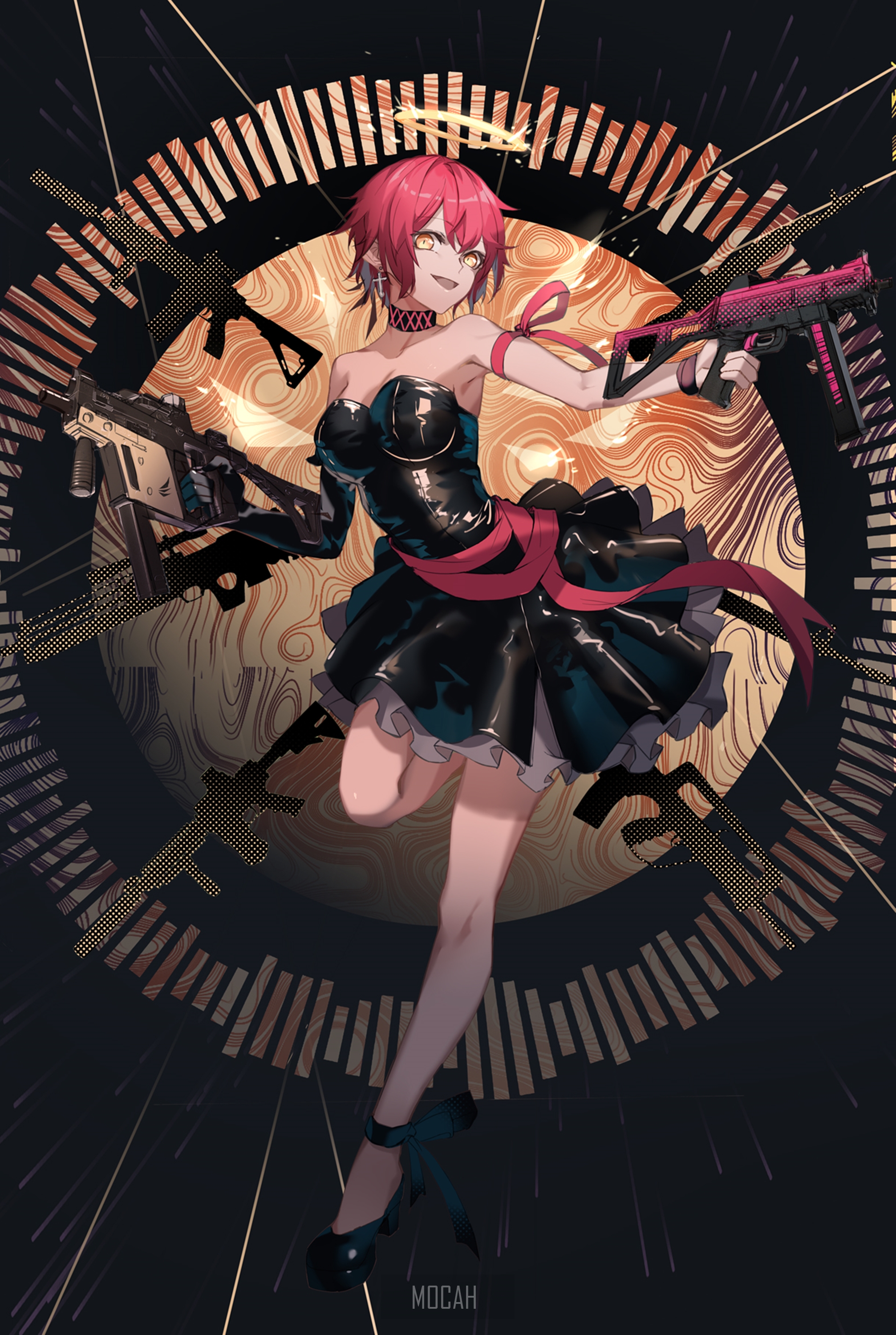 Anime girl with pink hair holding guns HD Phone Wallpaper