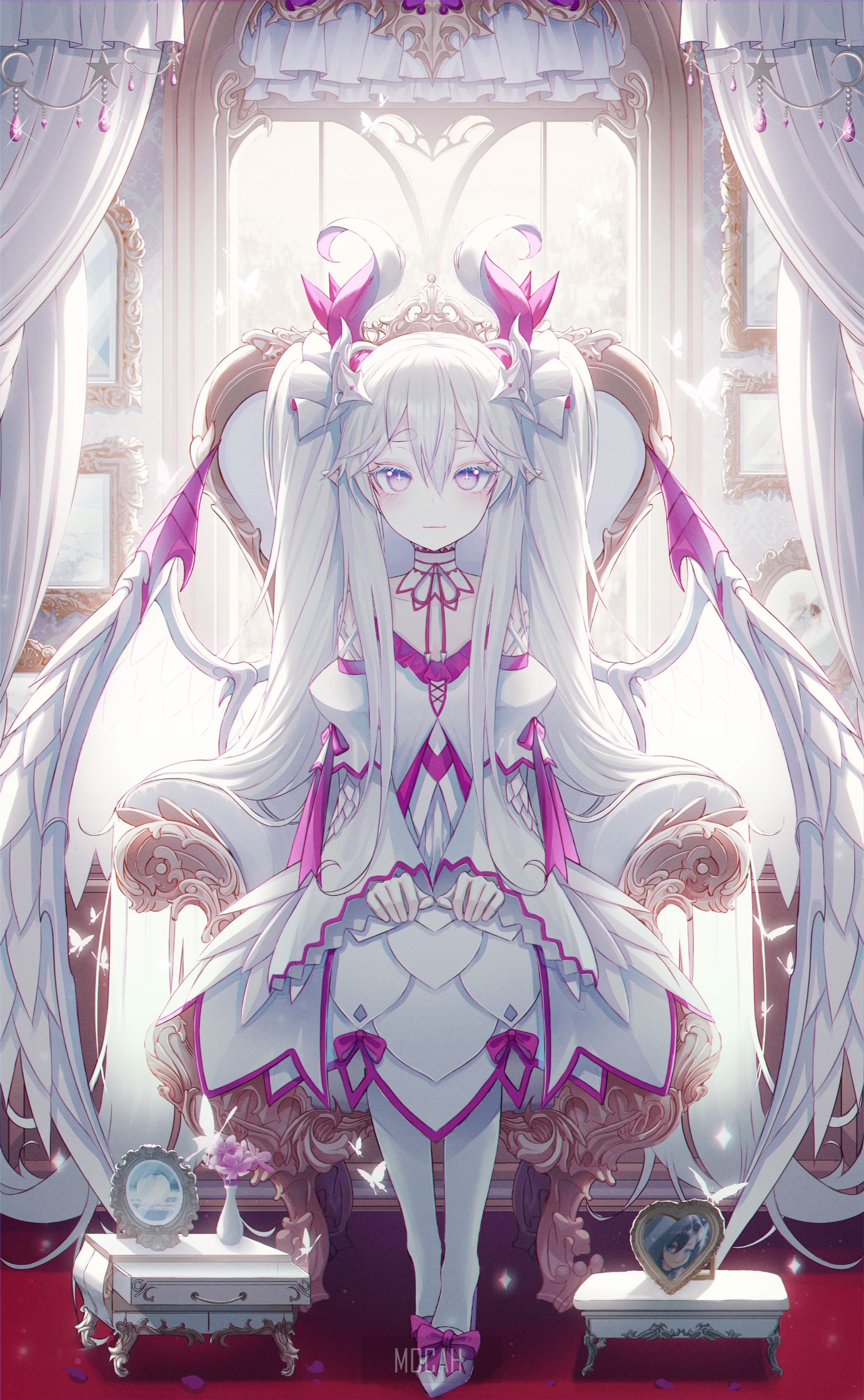 Anime girl with white hair and wings sitting on a throne HD Phone Wallpaper
