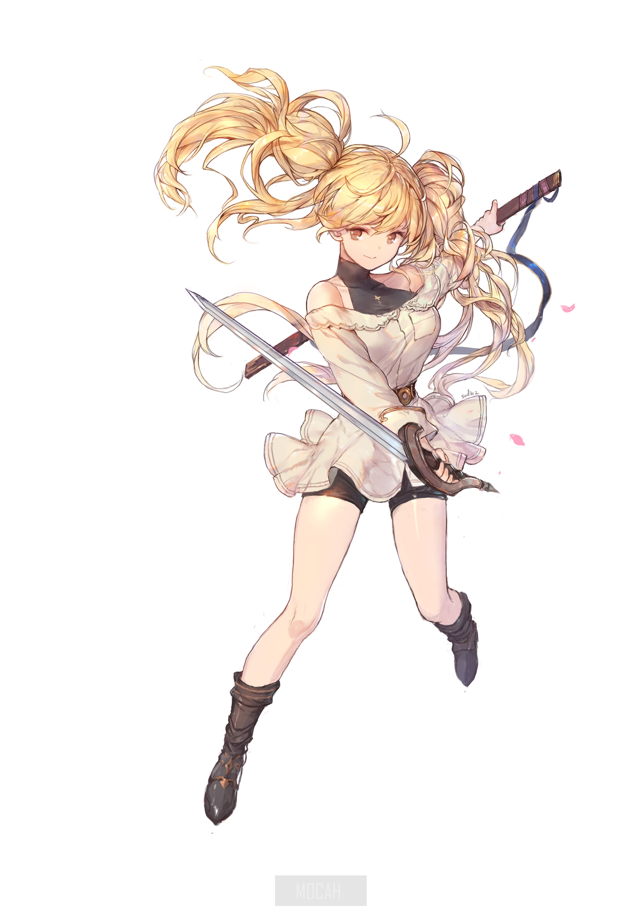 Anime girl with blonde twin tails holding swords HD Phone Wallpaper