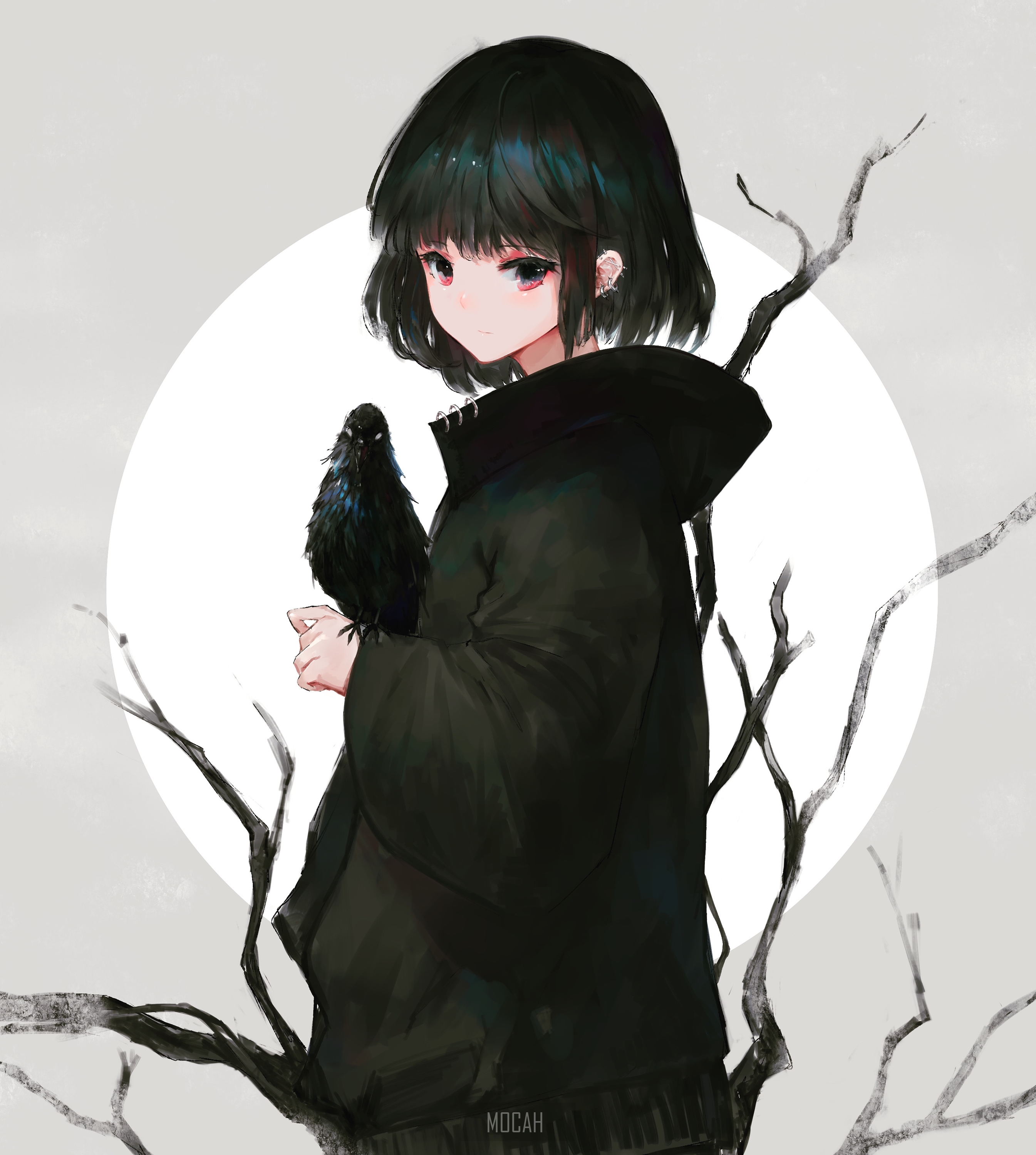 Anime girl with a crow and bare branches HD Phone Wallpaper