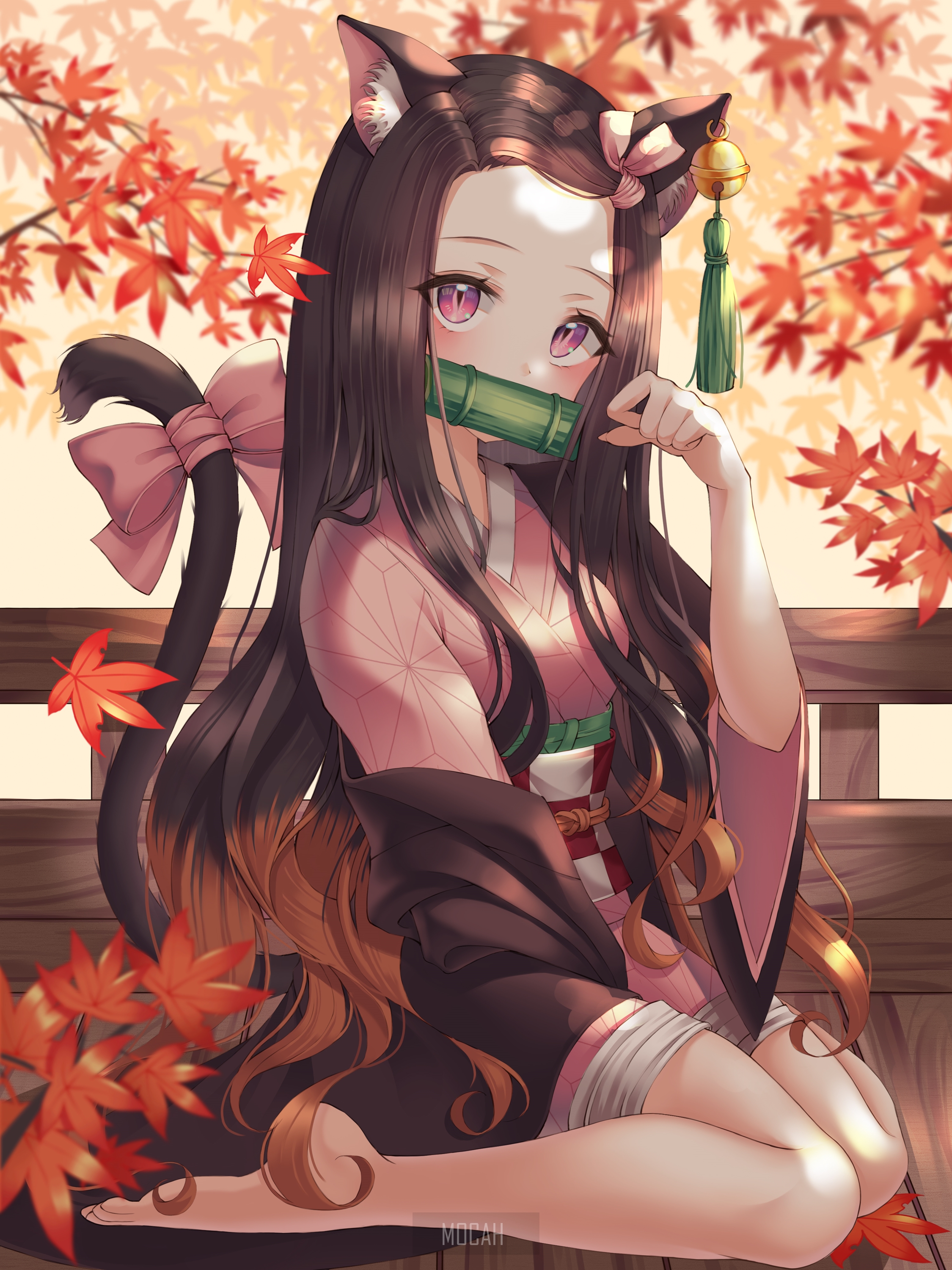 Nezuko Kamado from Kimetsu no Yaiba with cat ears HD Phone Wallpaper