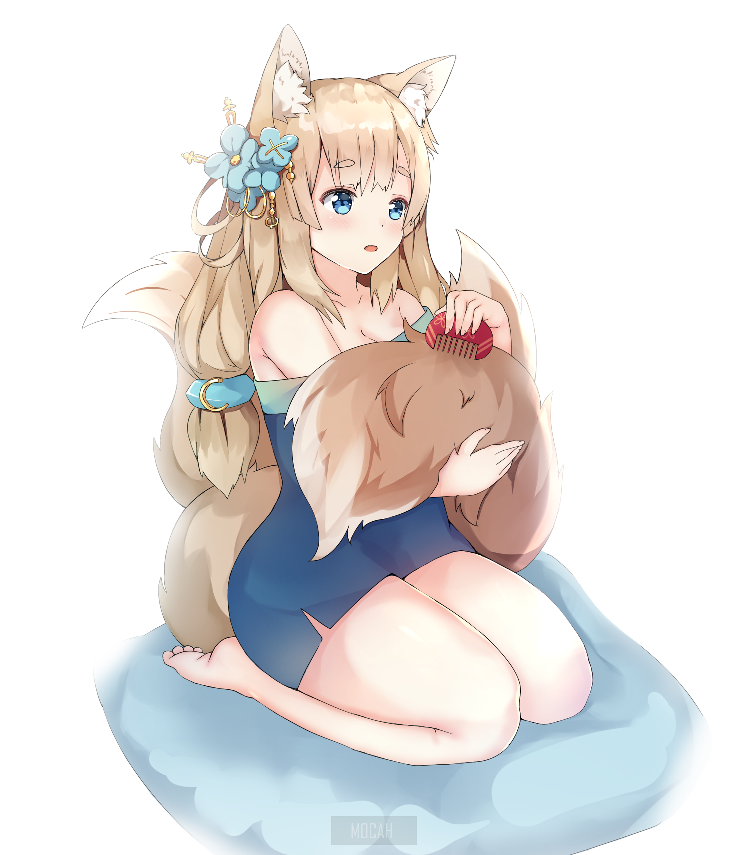 Anime girl with fox ears and tail brushing her tail HD Phone Wallpaper