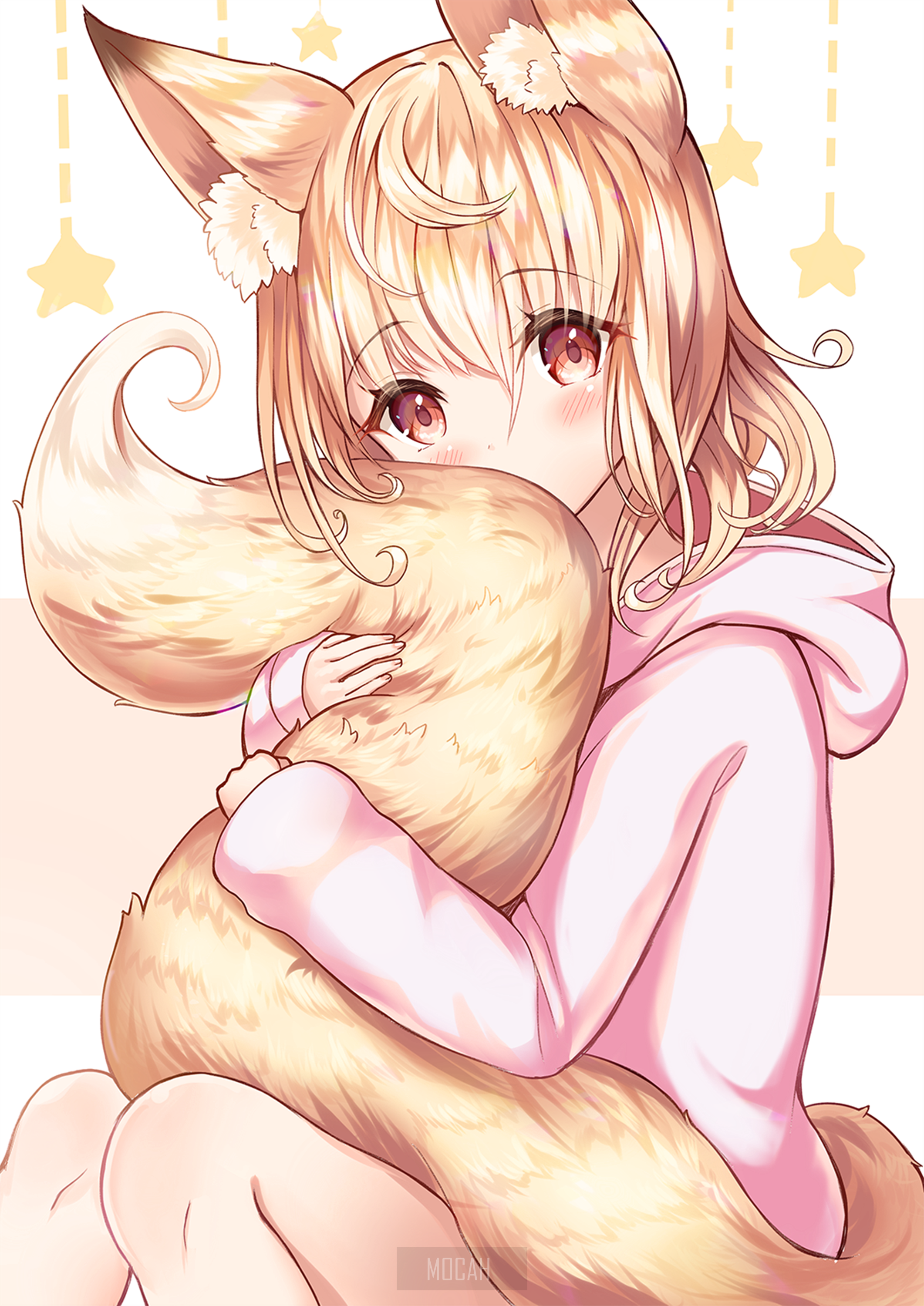 Anime girl with fox ears and tail hugging a fluffy tail HD Phone Wallpaper