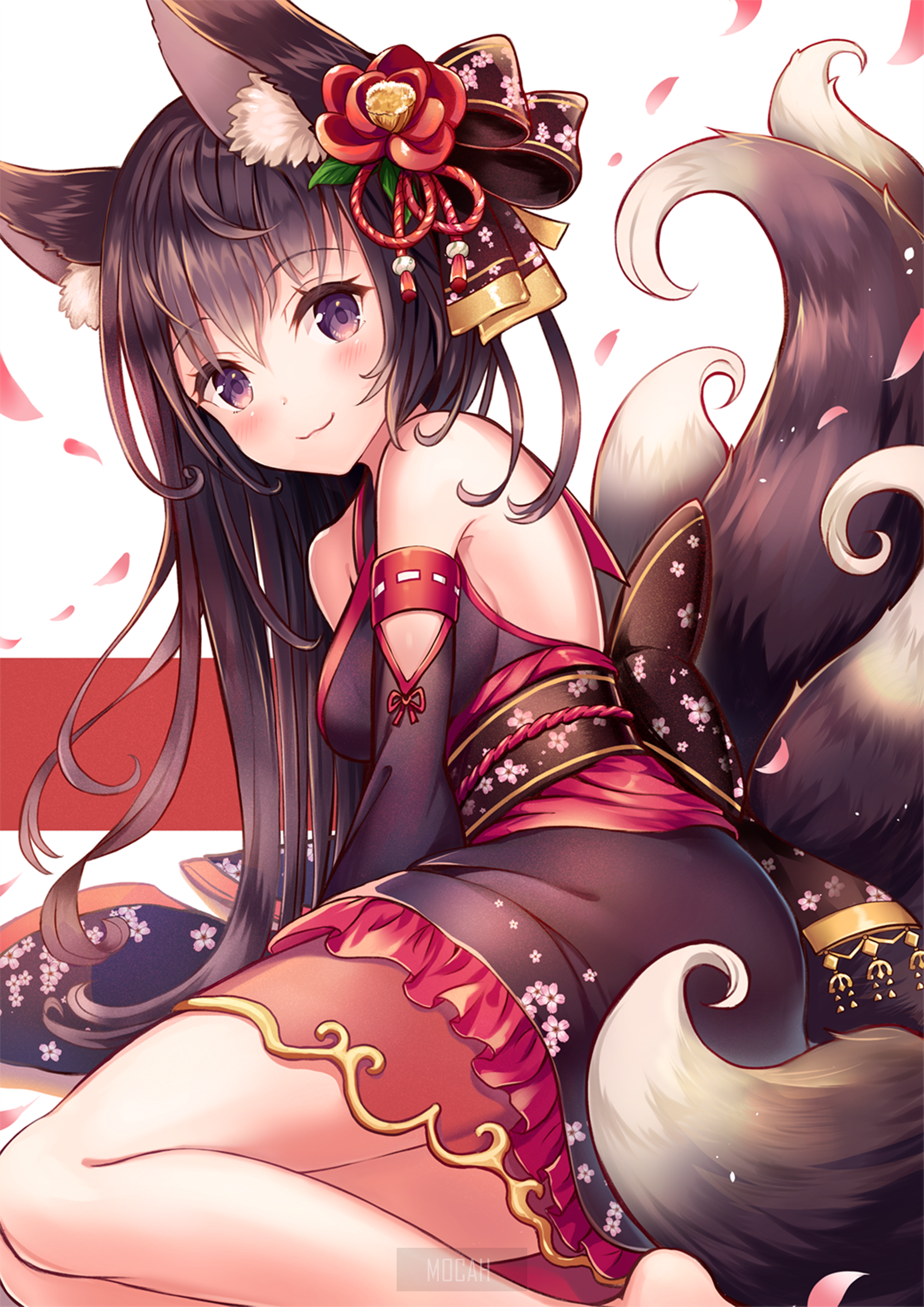 Elegant Anime Girl with Fox Ears and Tails HD Phone Wallpaper