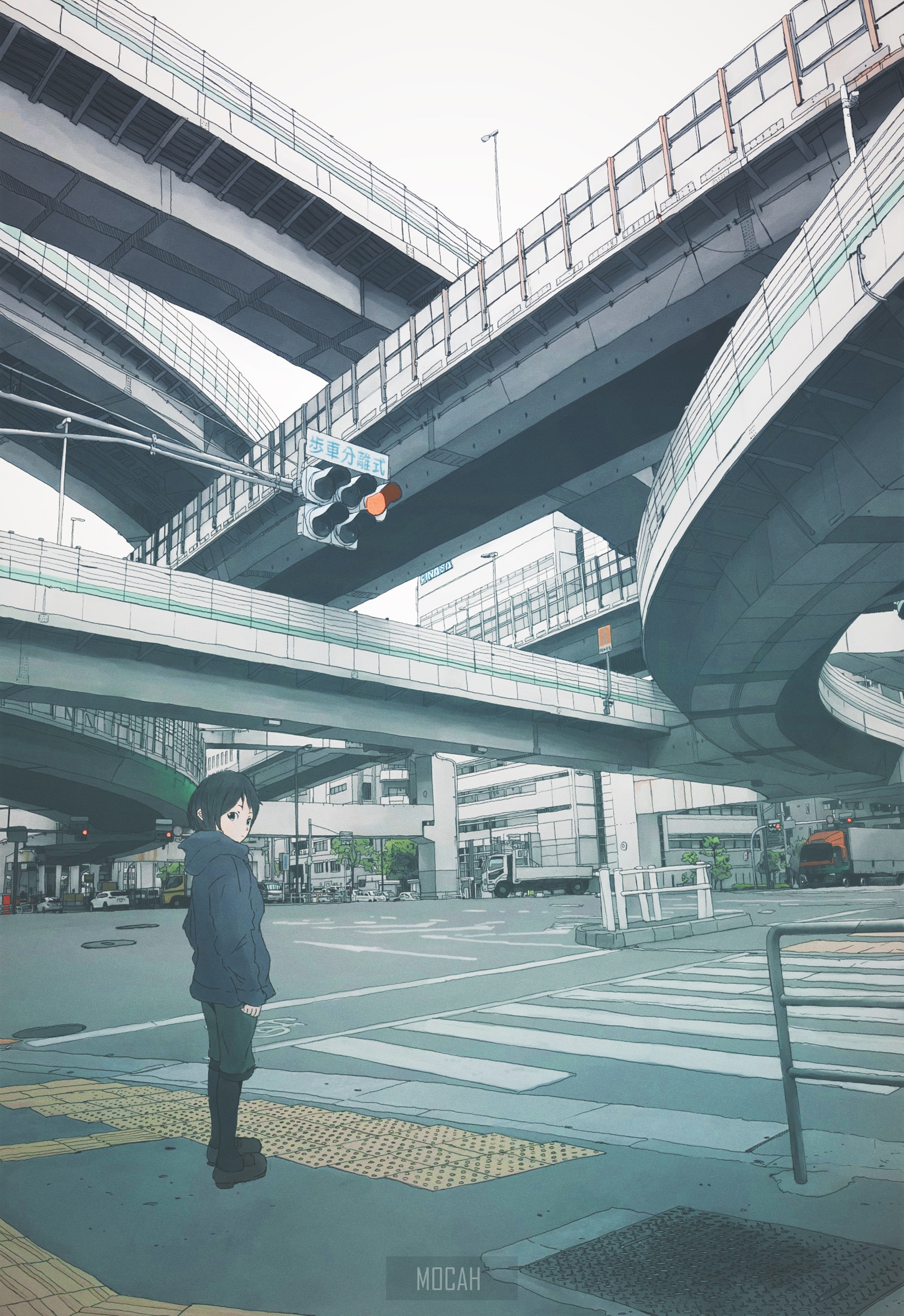 Anime girl standing at a busy intersection with overpasses HD Phone Wallpaper