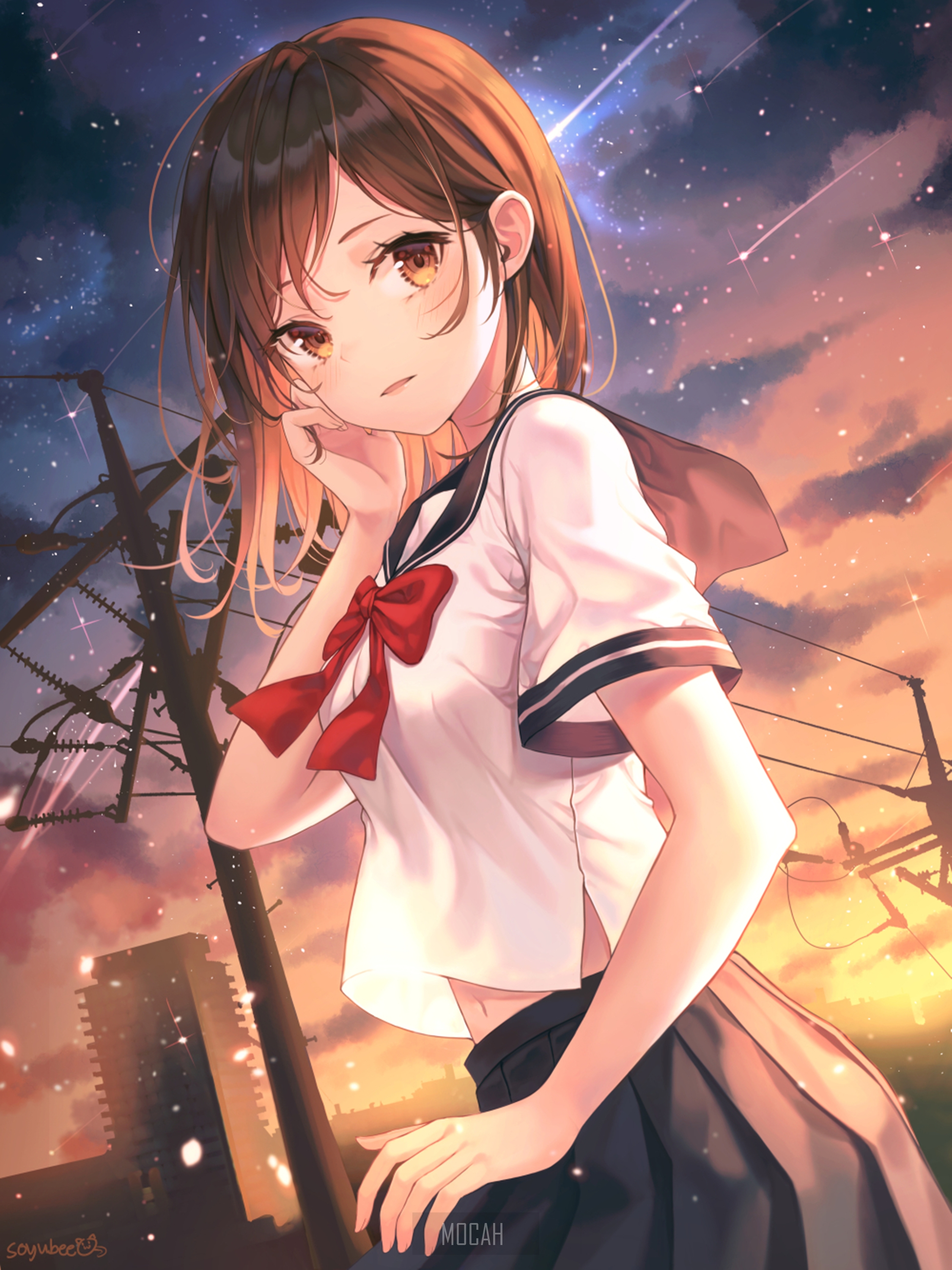 Anime girl in school uniform under starry sky HD Phone Wallpaper