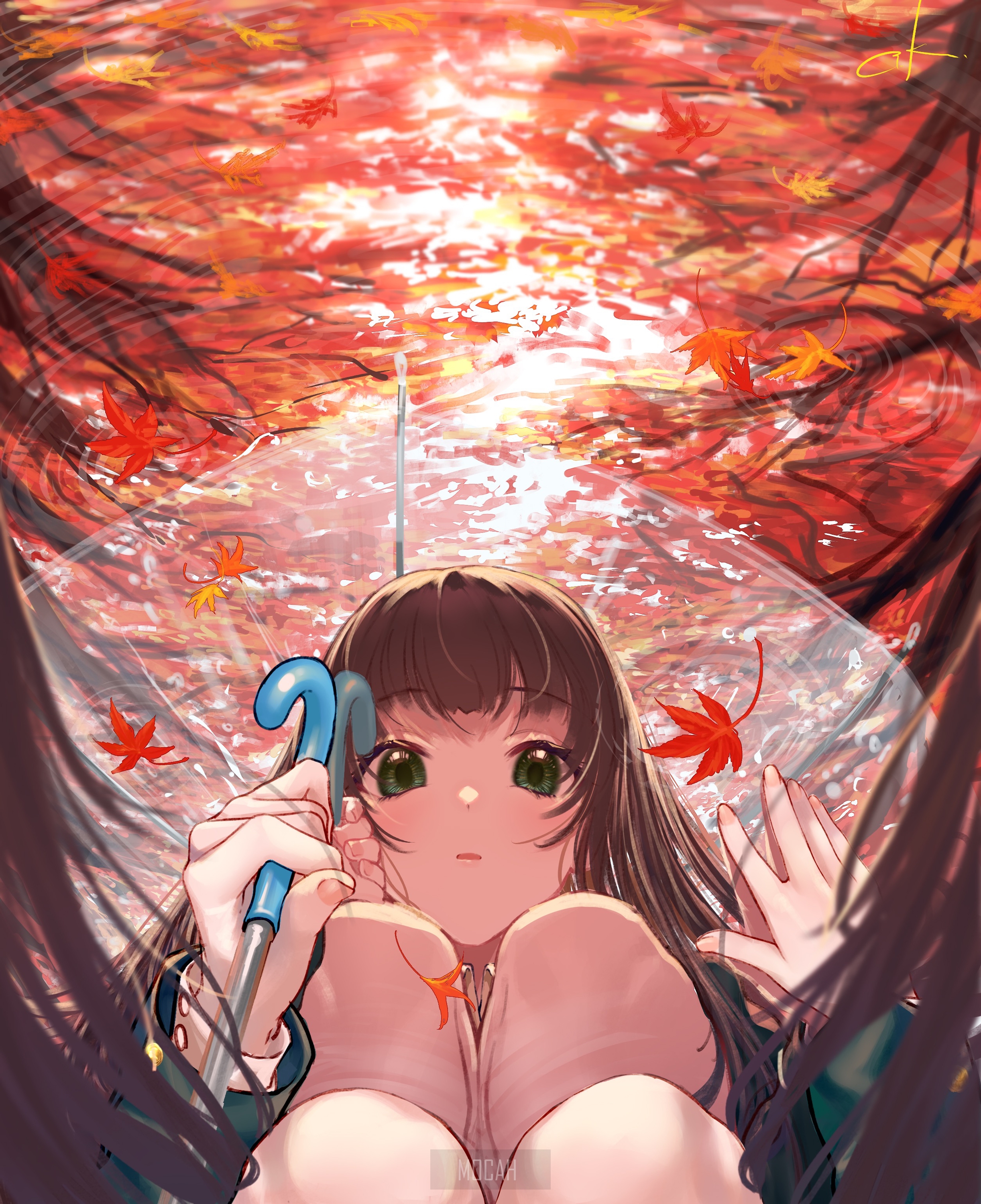 Anime girl with umbrella under autumn leaves HD Phone Wallpaper