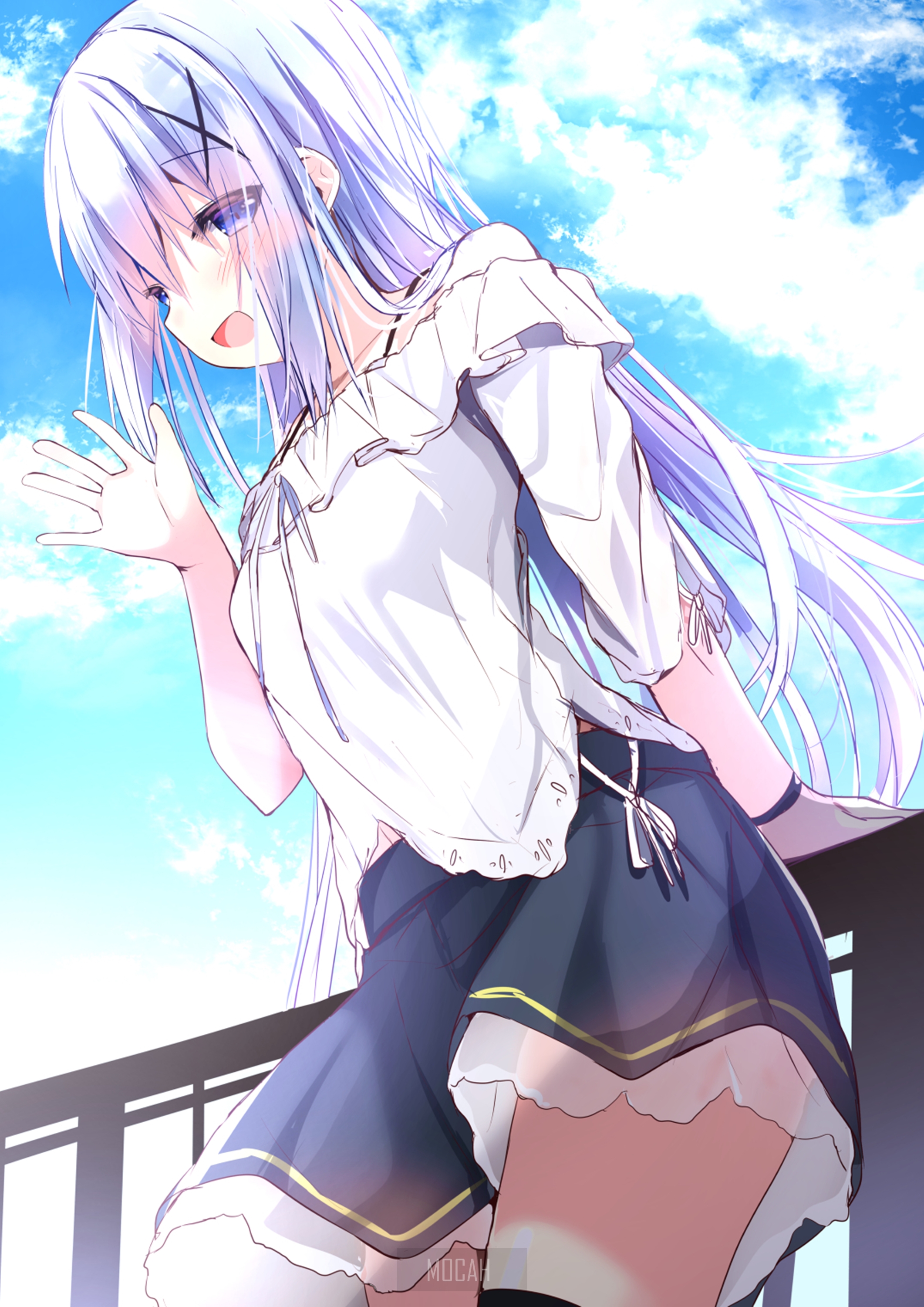 Anime girl with long white hair waving HD Phone Wallpaper