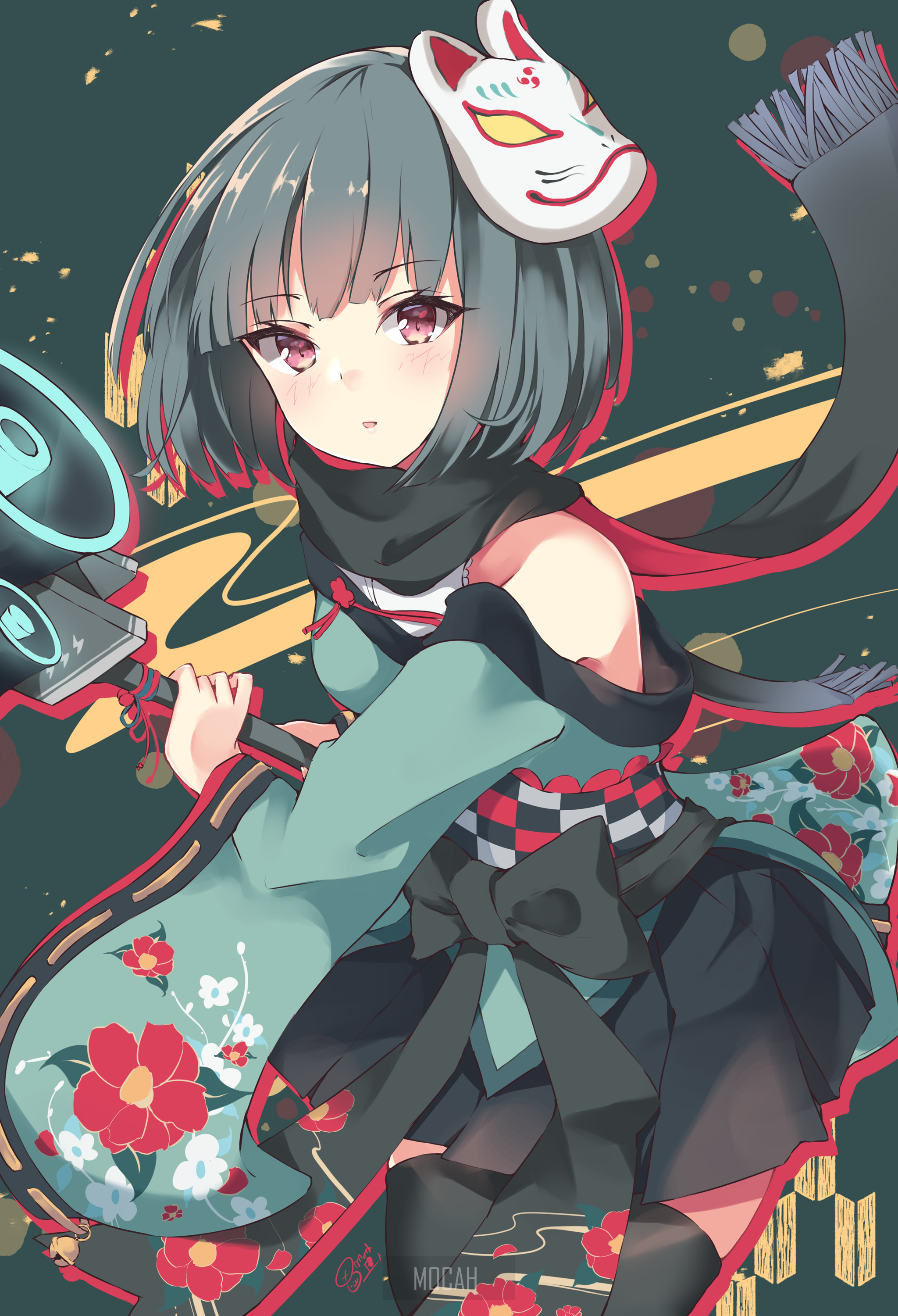 Anime girl with fox mask and weapon HD Phone Wallpaper