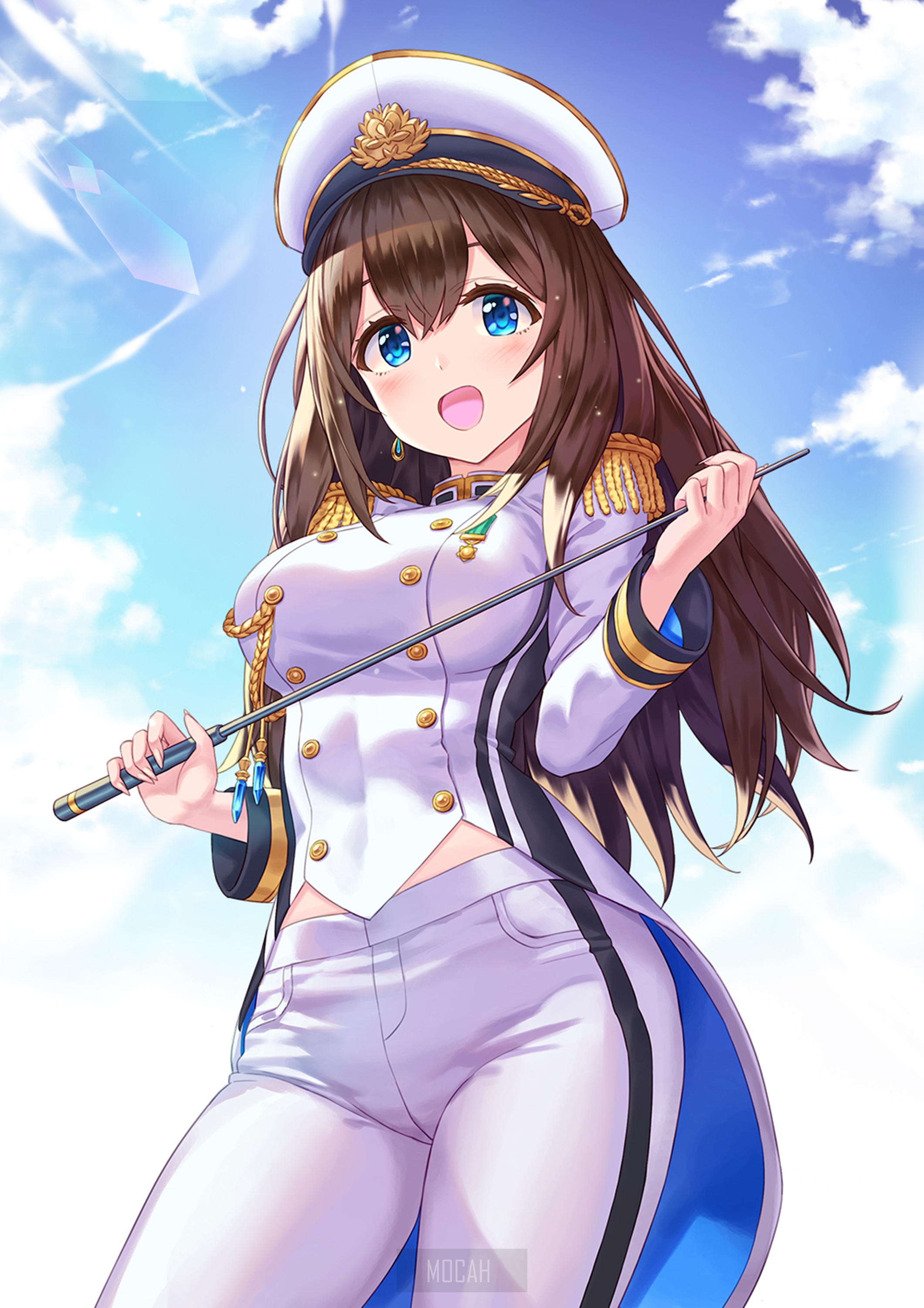 Anime girl in a white uniform holding a baton HD Phone Wallpaper