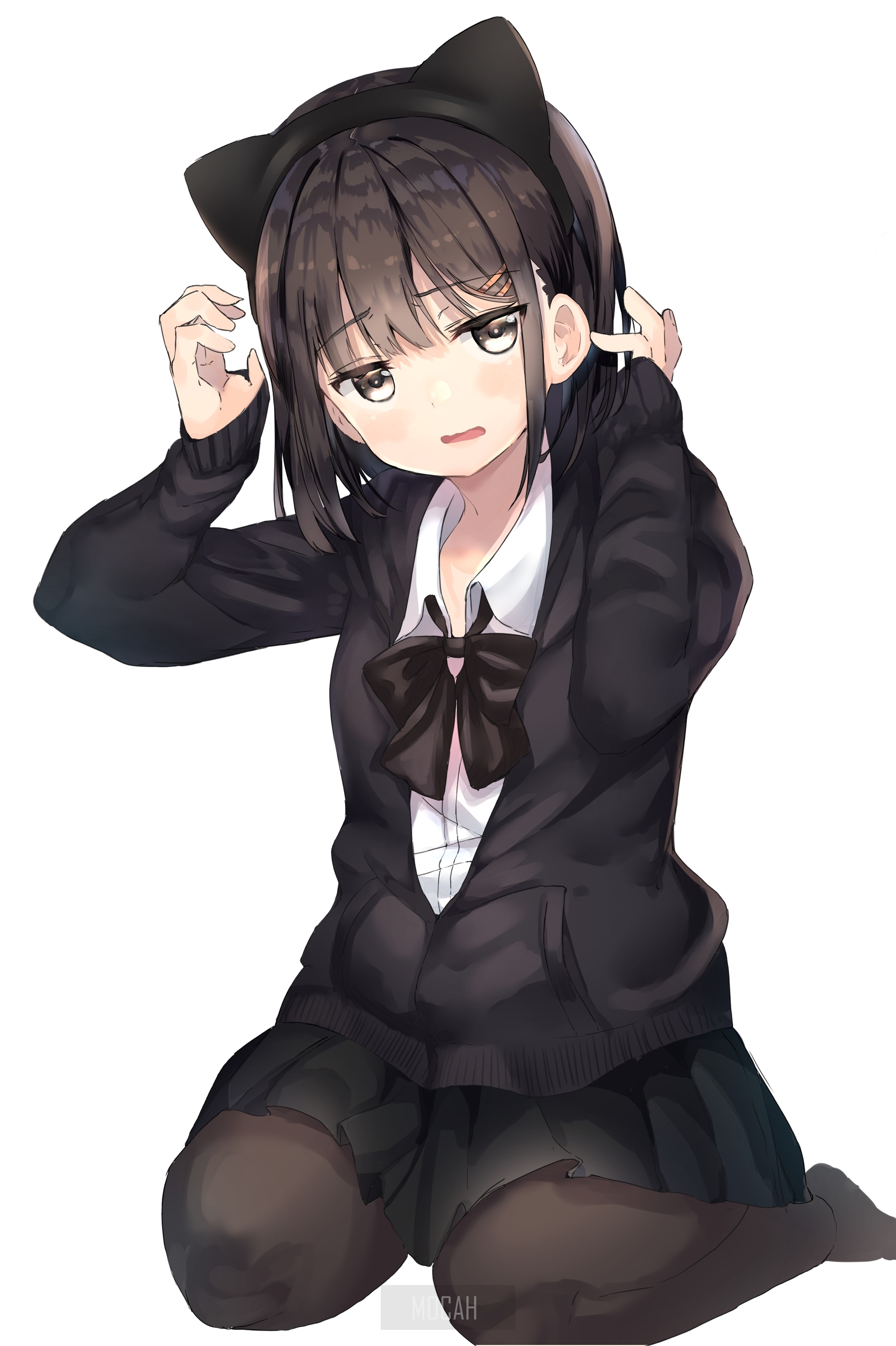 Anime girl with cat ears and black hoodie HD Phone Wallpaper
