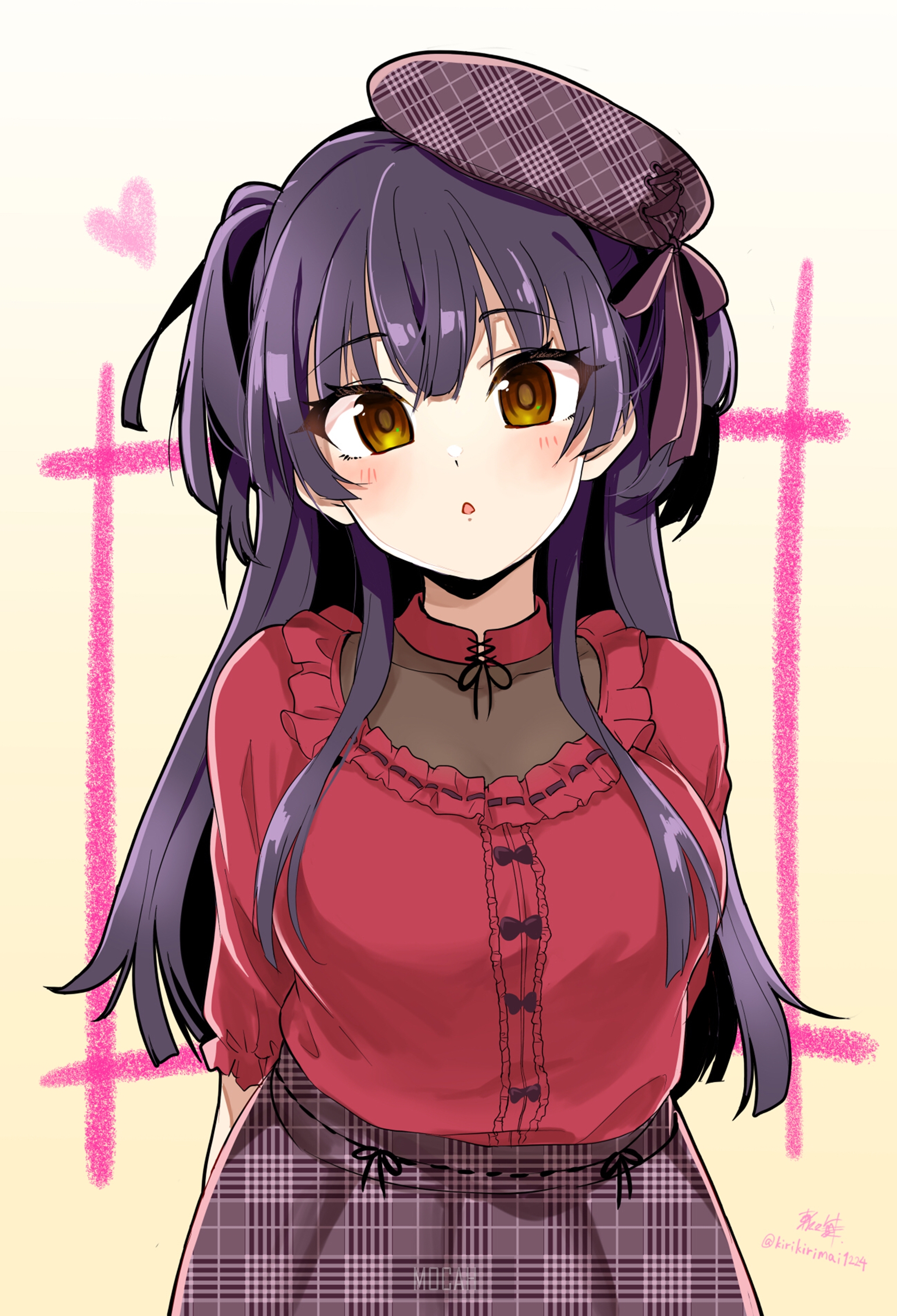 Anime girl with purple hair and red outfit HD Phone Wallpaper