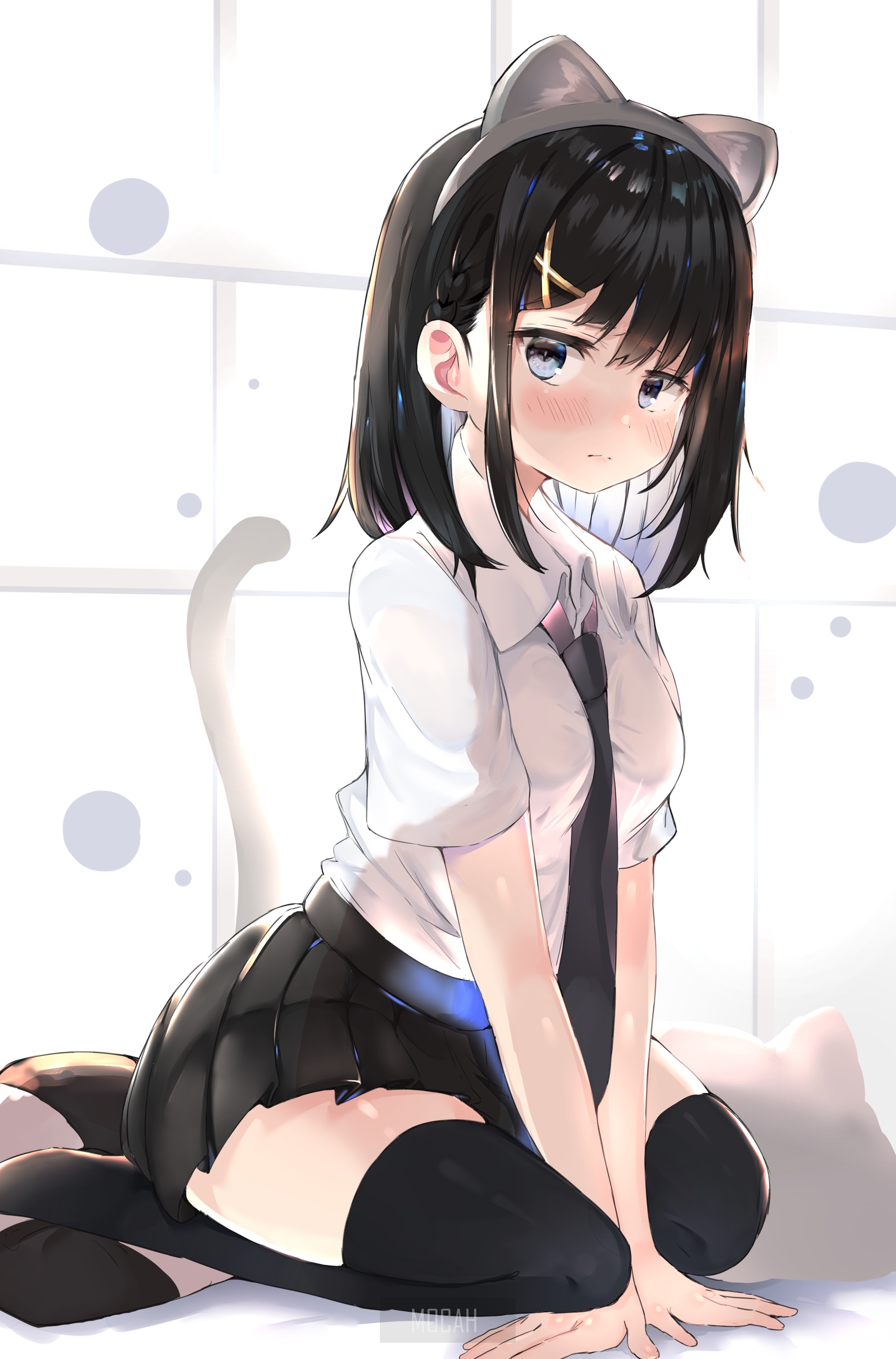 Anime girl with cat ears and tail HD Phone Wallpaper