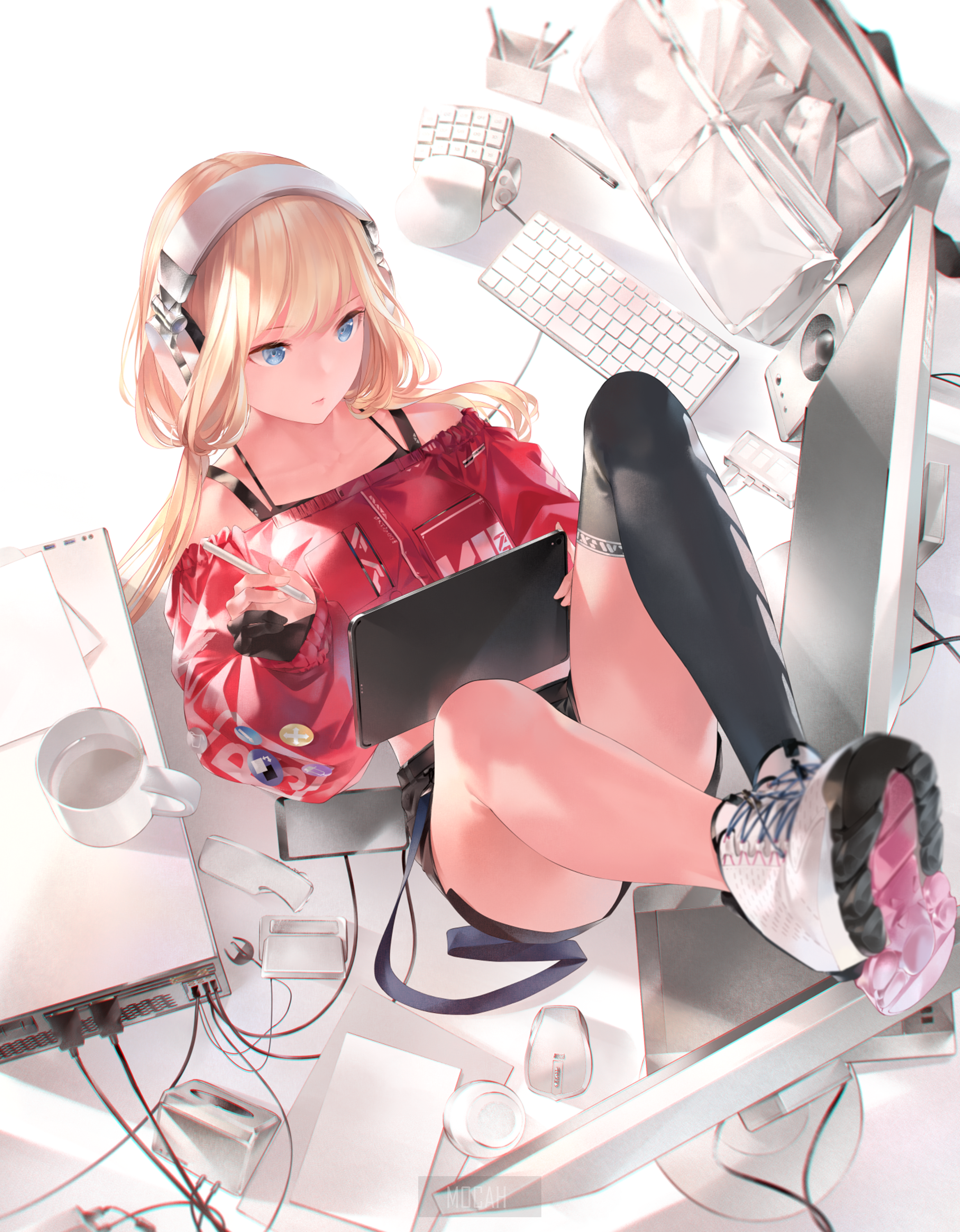 Anime girl with headphones and tablet surrounded by computer equipment HD Phone Wallpaper