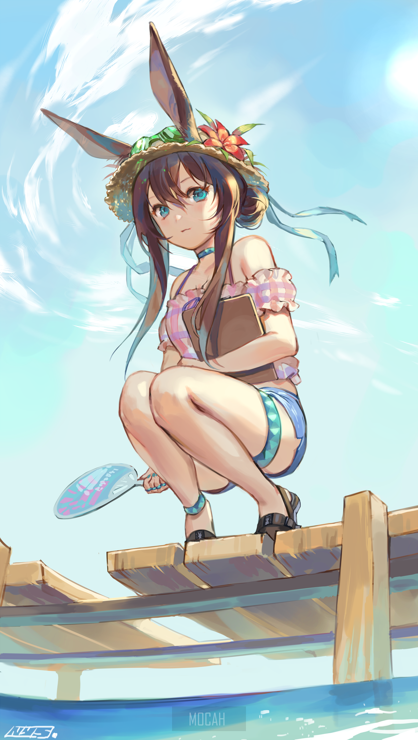 Anime girl with bunny ears on a pier HD Phone Wallpaper