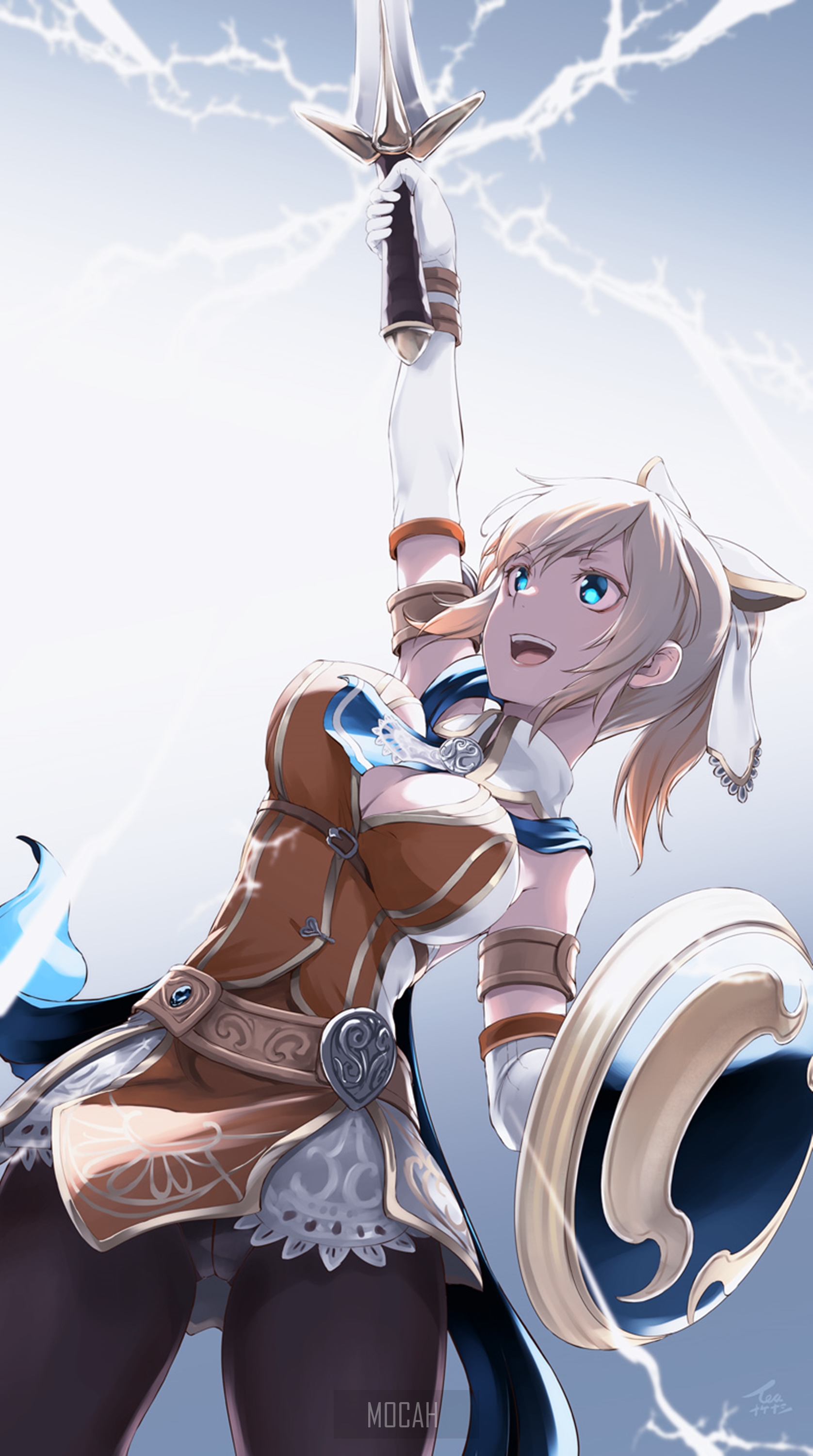 Anime girl with sword and shield in lightning storm HD Phone Wallpaper