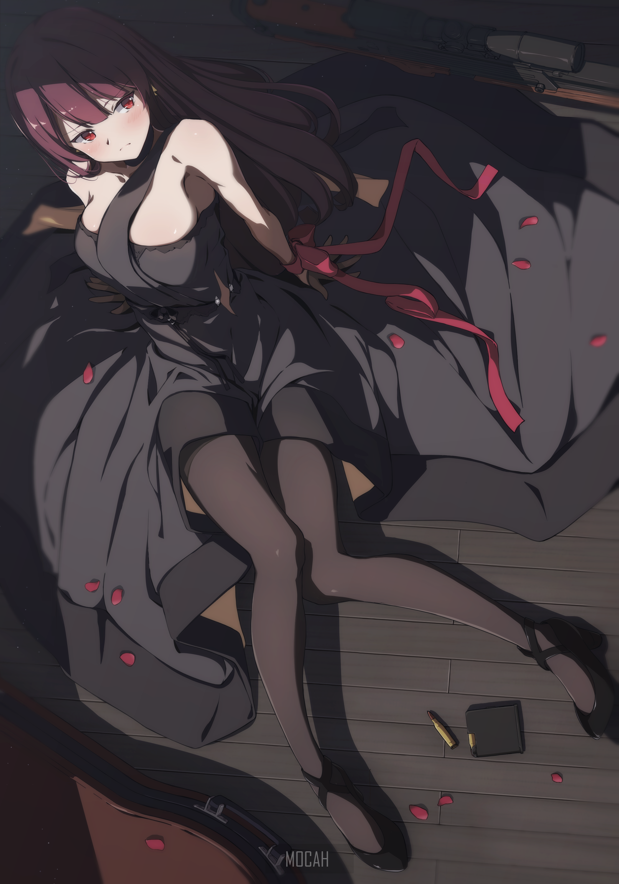Anime girl in a black dress lying down HD Phone Wallpaper