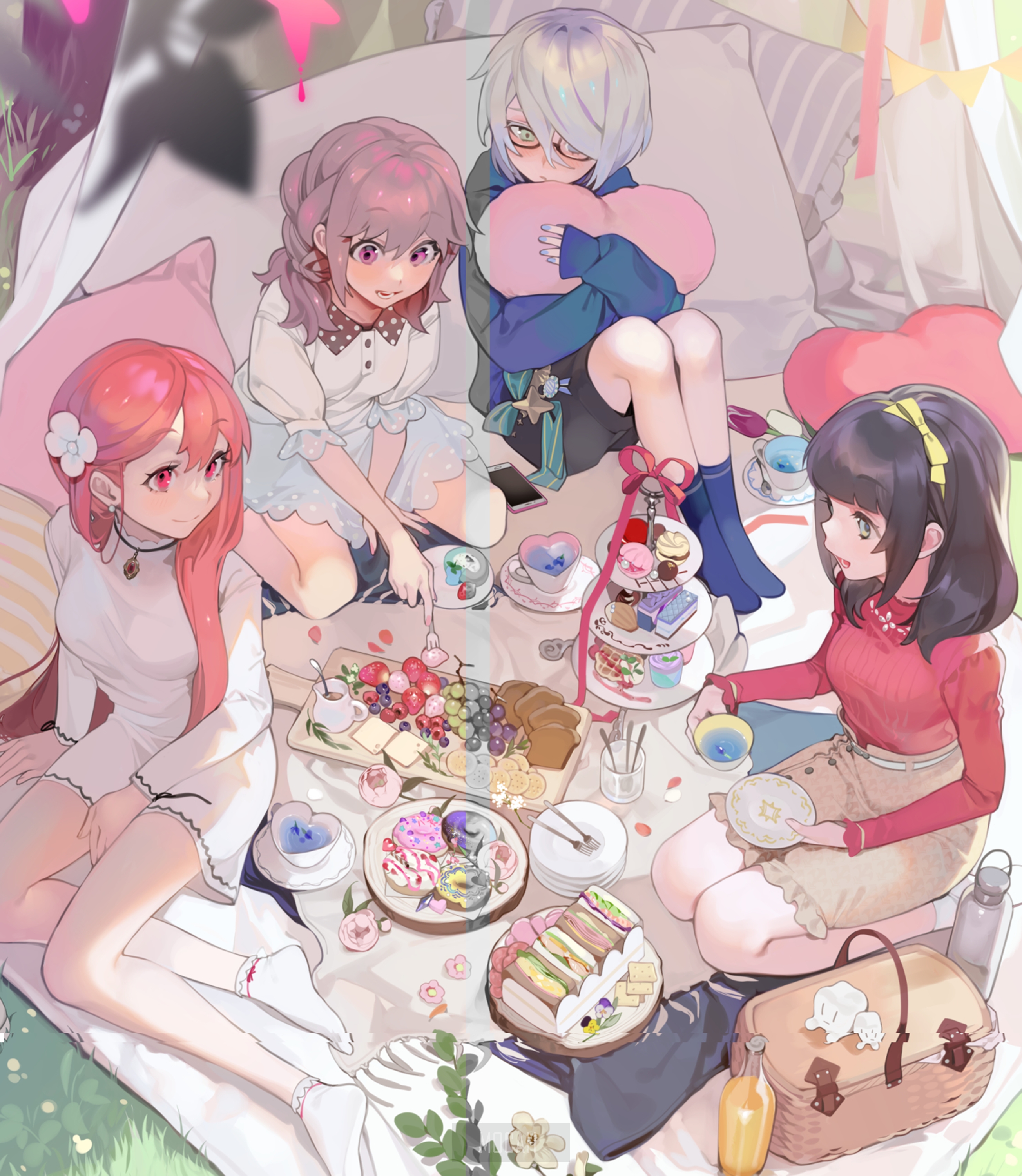 Anime girls having a picnic with sweets and fruits HD Phone Wallpaper