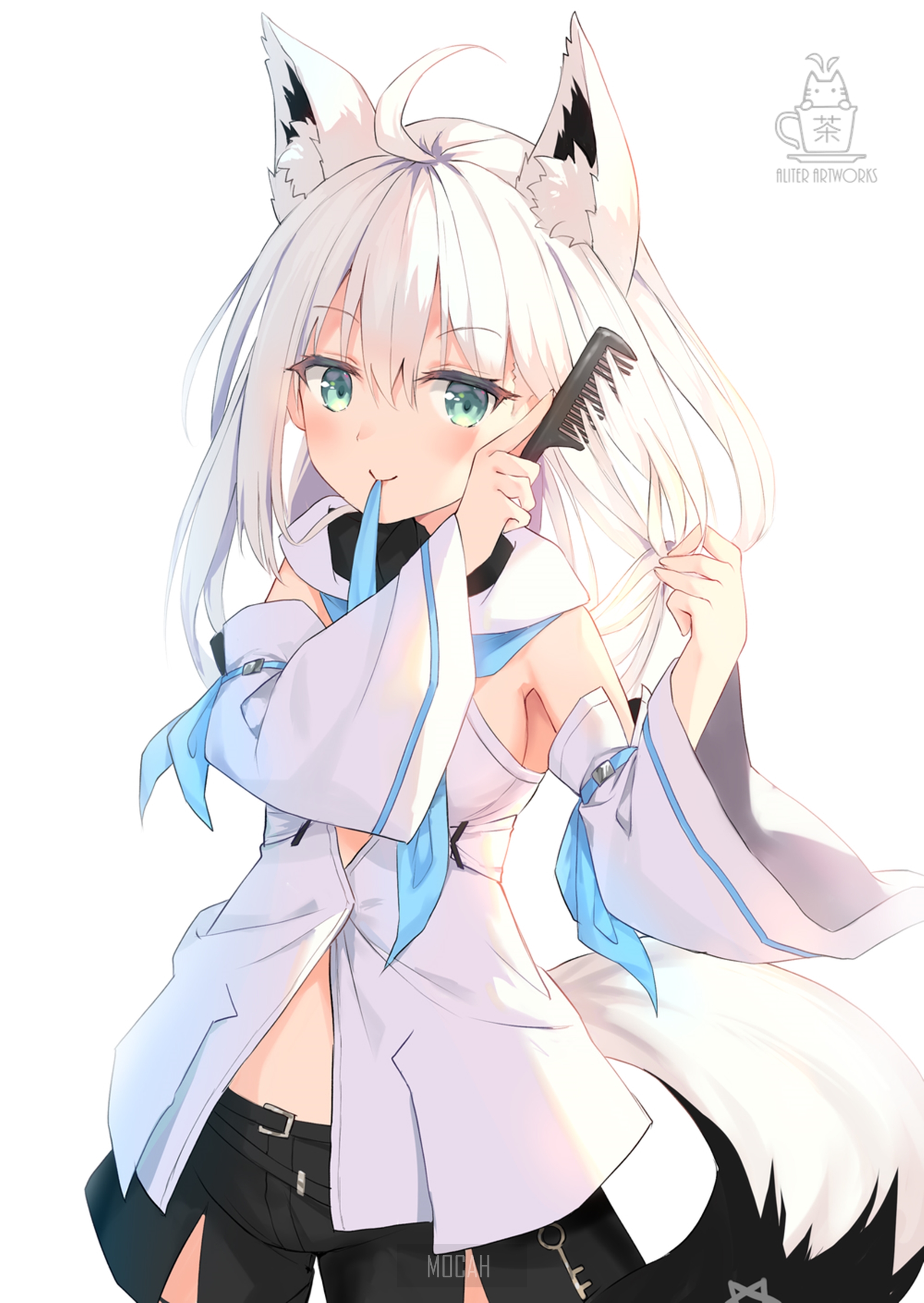 Anime girl with white hair and fox ears combing hair HD Phone Wallpaper