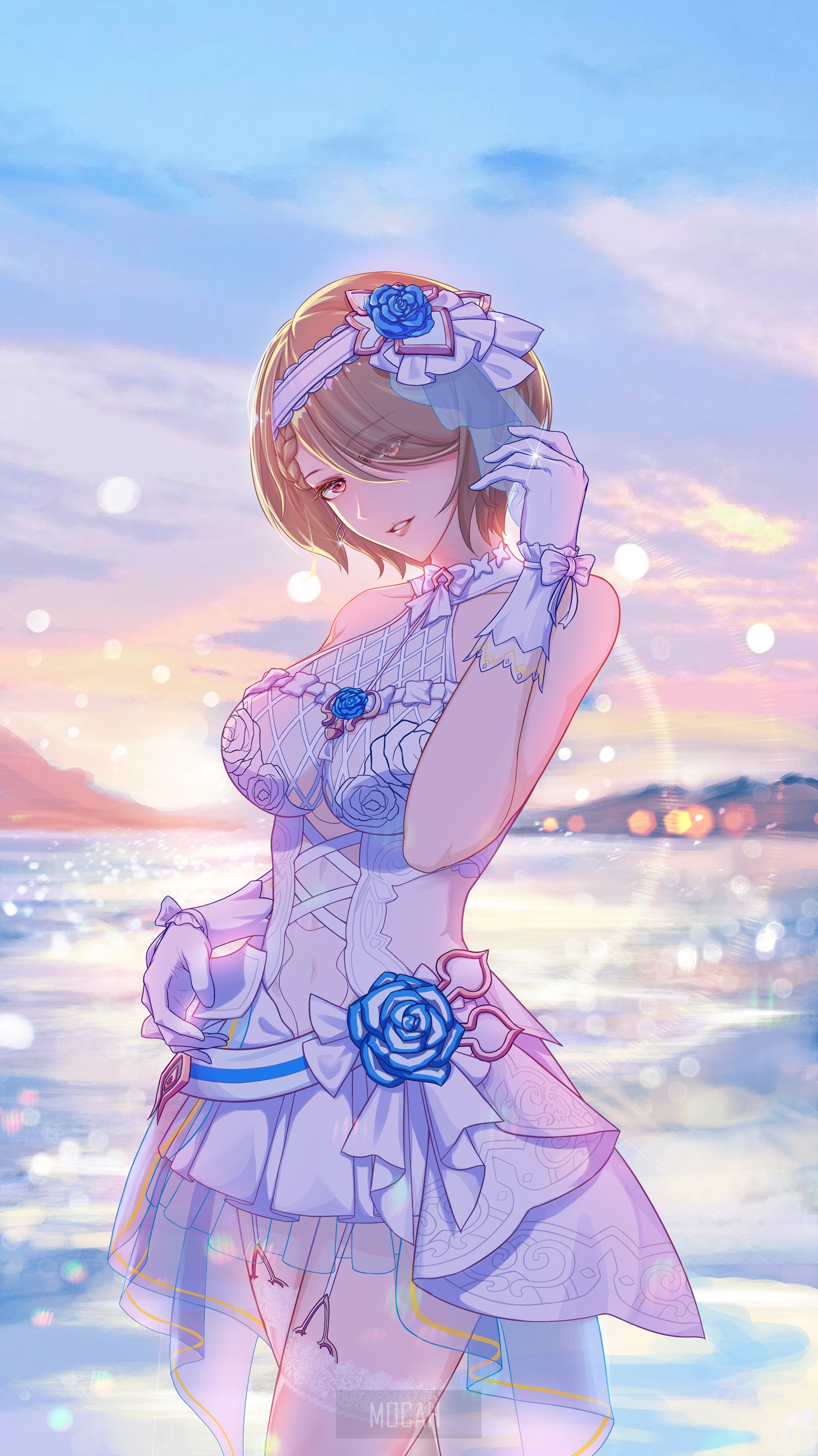 Anime girl in white dress by the sea HD Phone Wallpaper