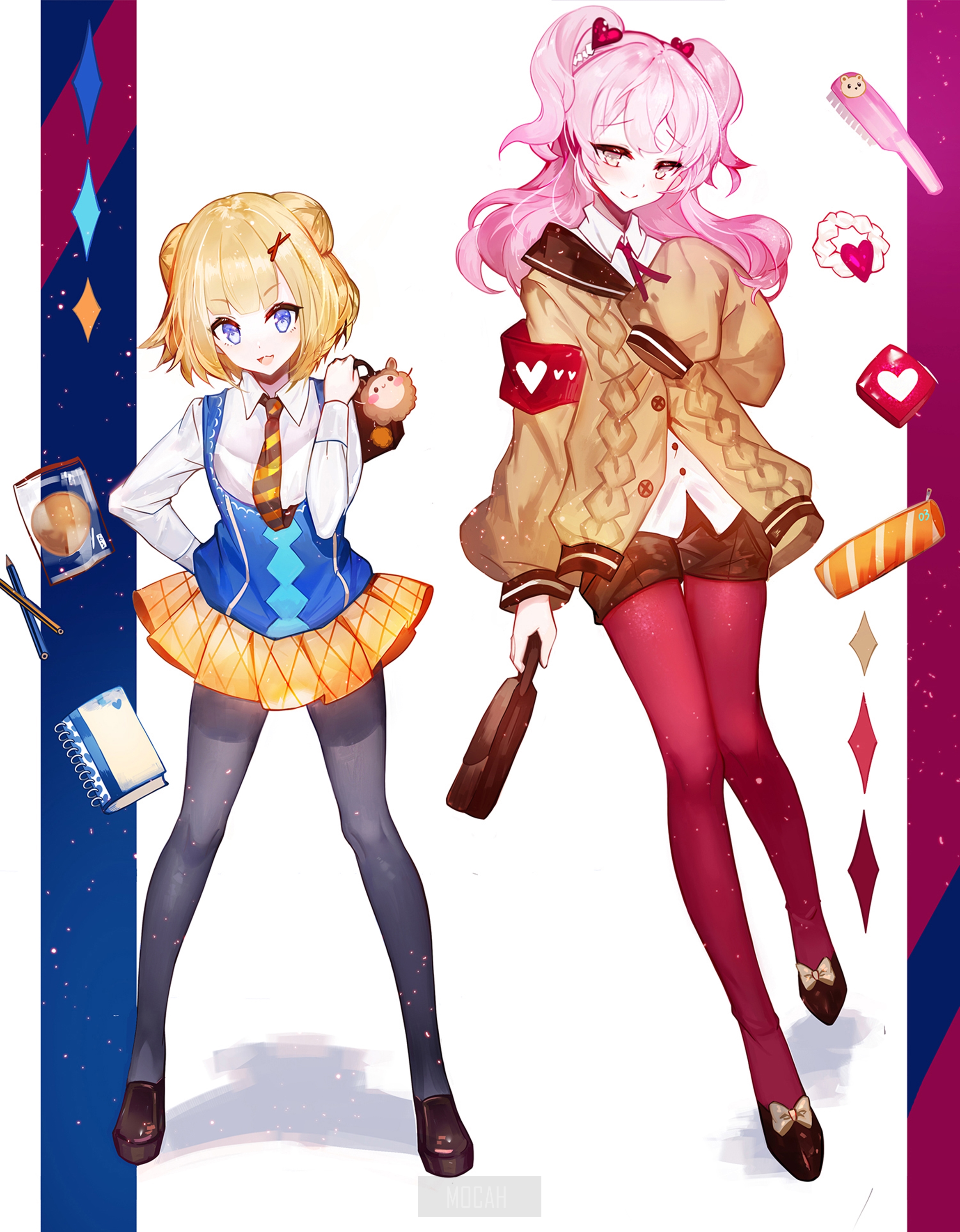 Two anime girls with different hair colors and outfits HD Phone Wallpaper