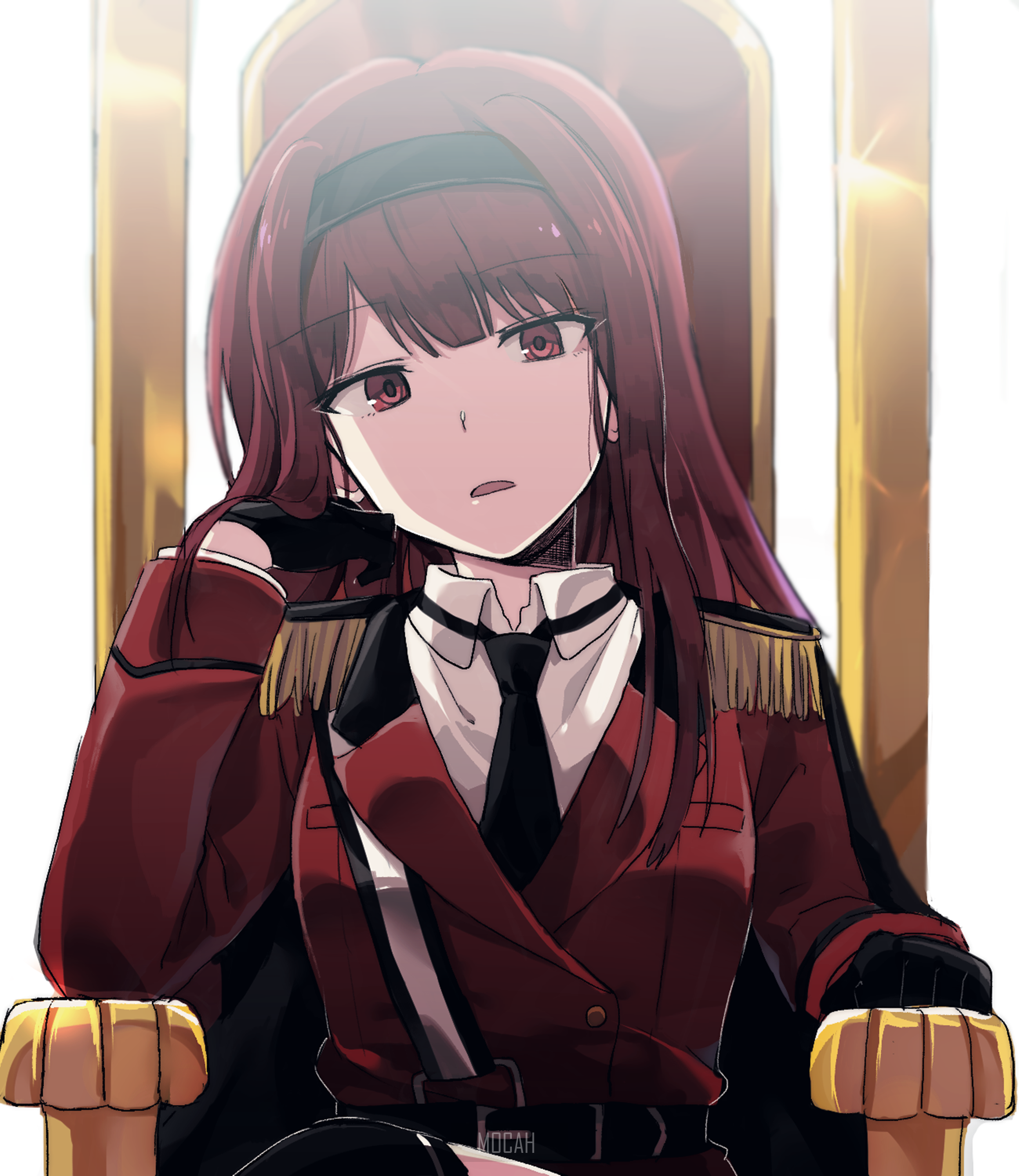 Anime girl in a red military uniform sitting on a throne HD Phone Wallpaper